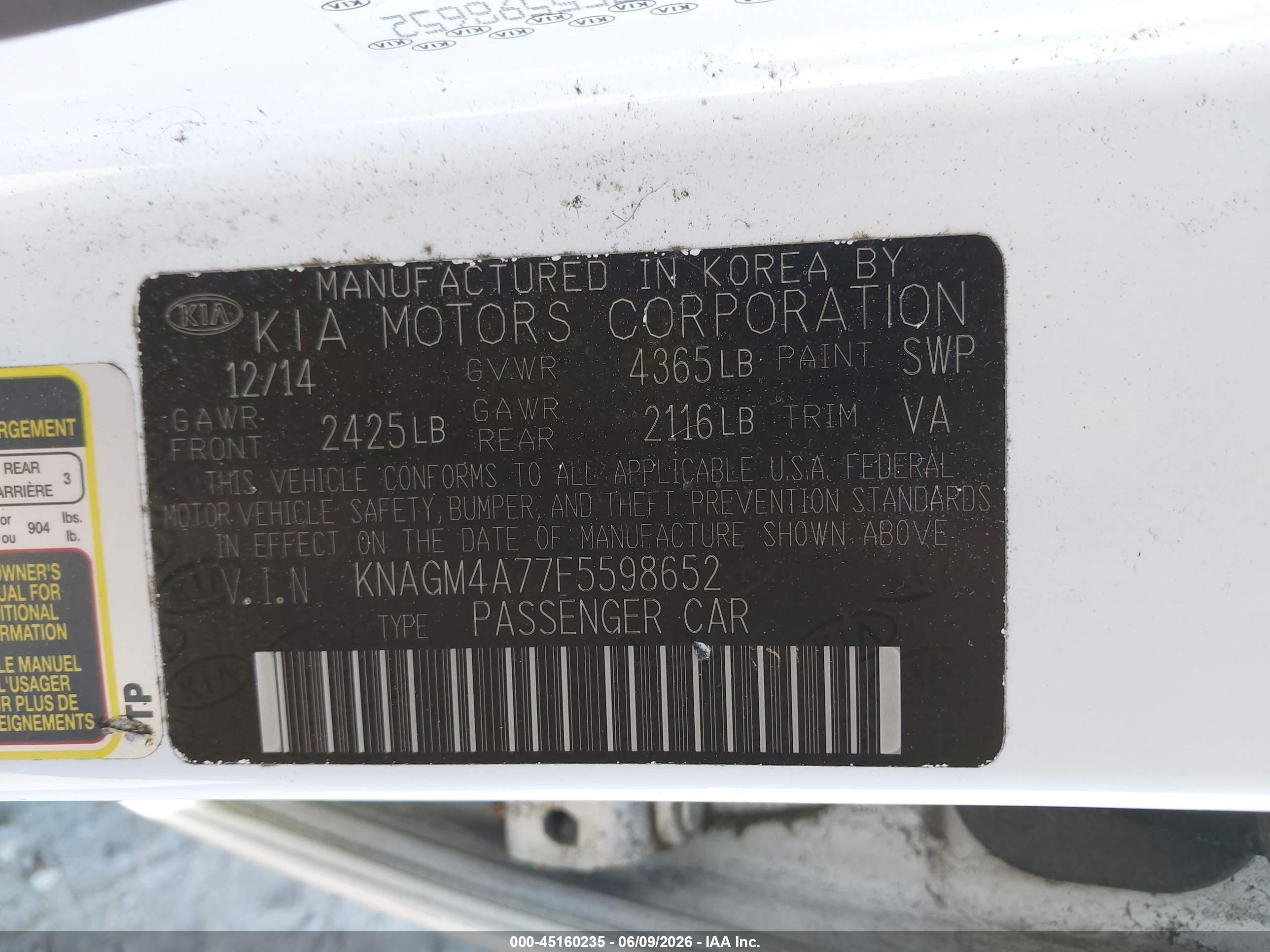 2015 Kia Optima Lx White vin: KNAGM4A77F5598652
