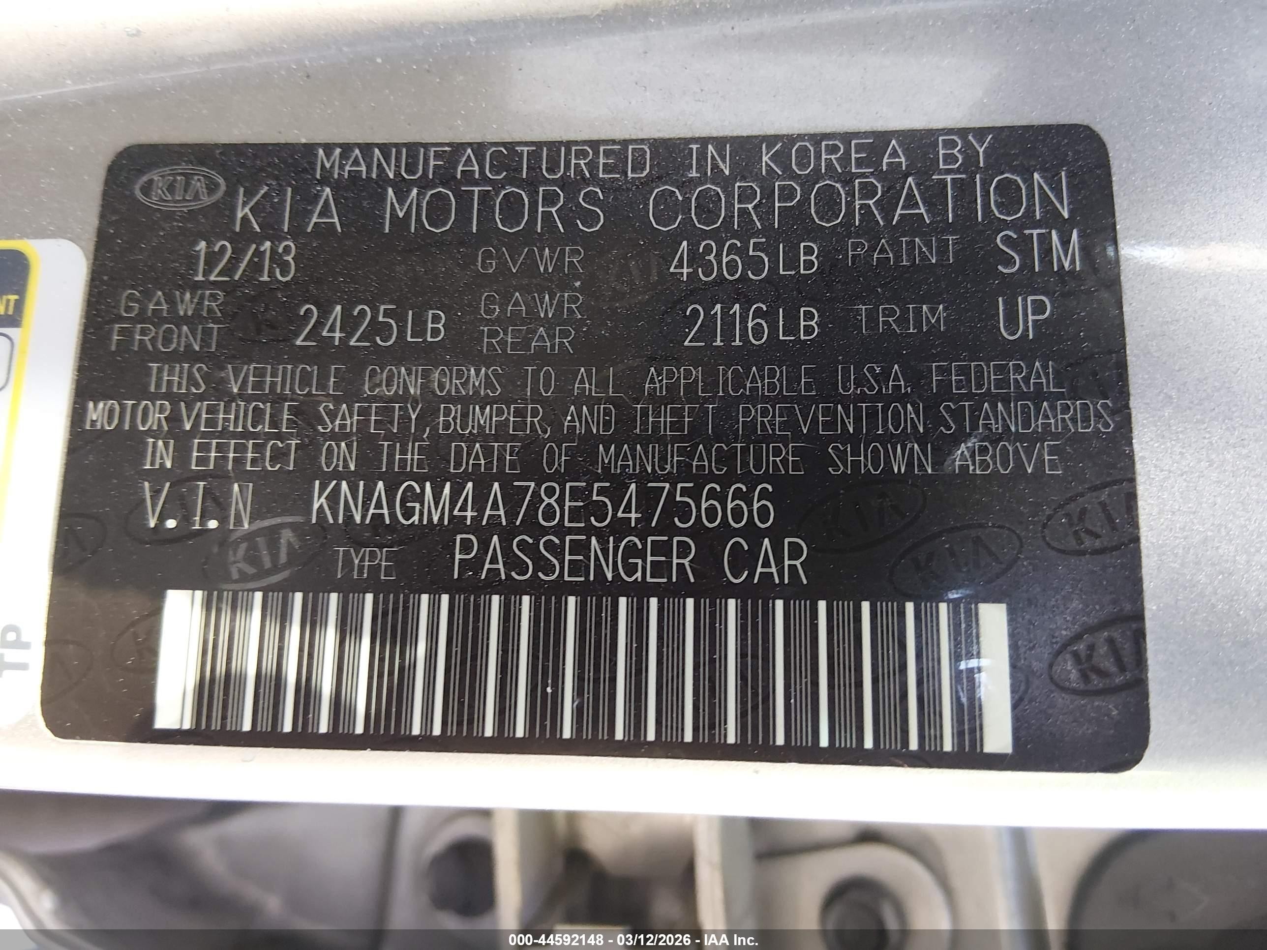 2014 Kia Optima Lx Champagne vin: KNAGM4A78E5475666