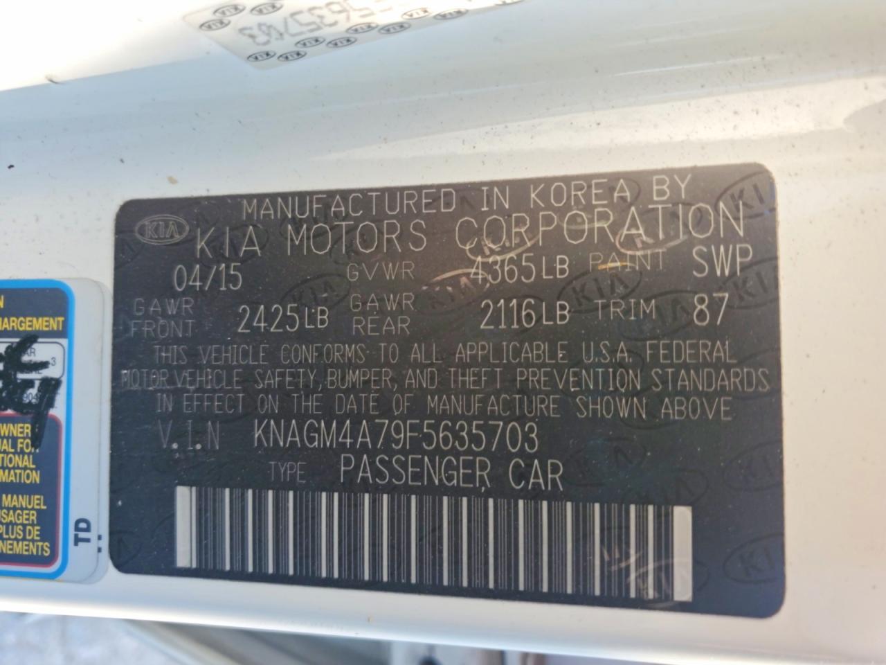 2015 Kia Optima Lx White vin: KNAGM4A79F5635703
