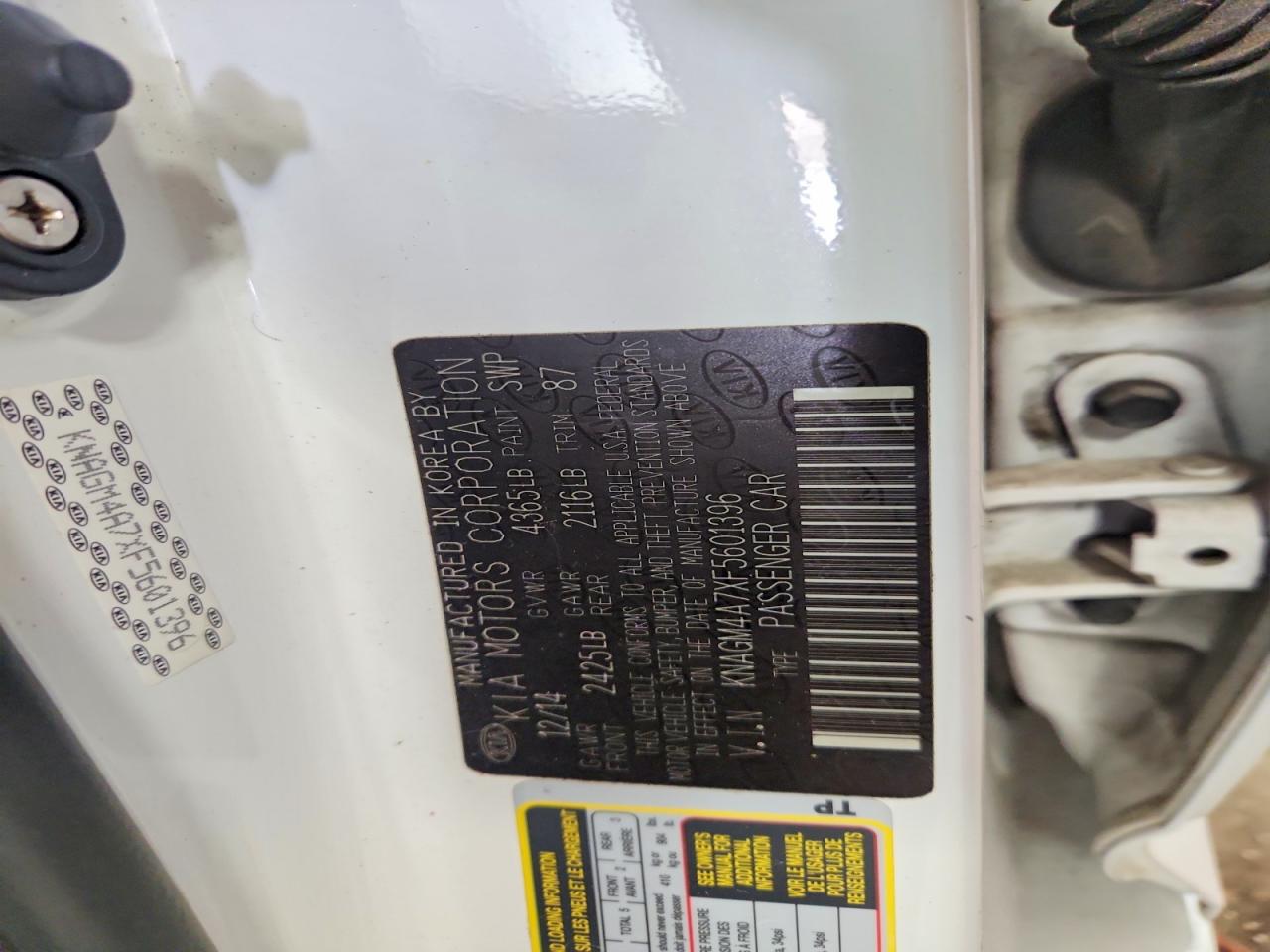 2015 Kia Optima Lx White vin: KNAGM4A7XF5601396