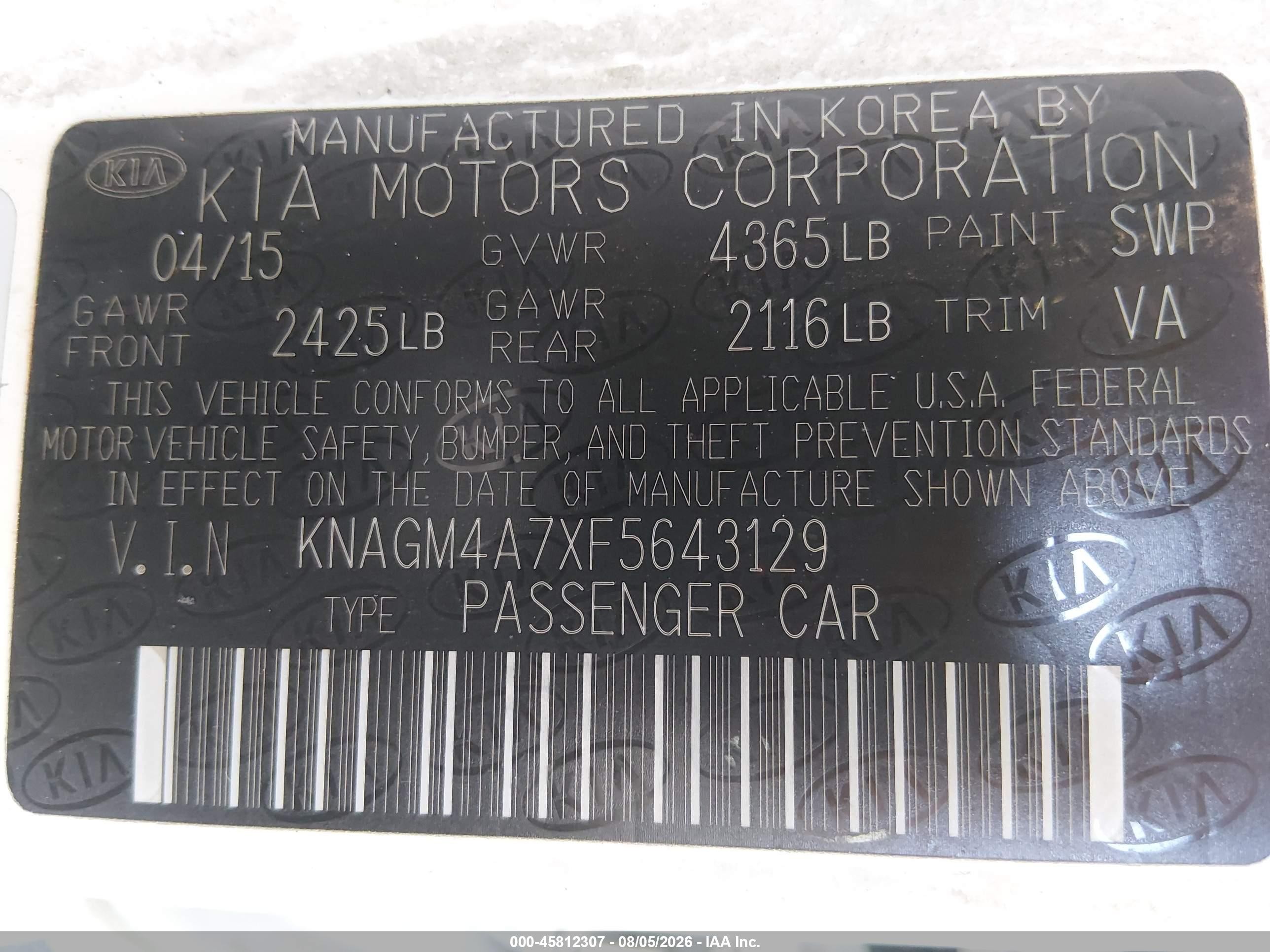 2015 Kia Optima Lx Белый vin: KNAGM4A7XF5643129
