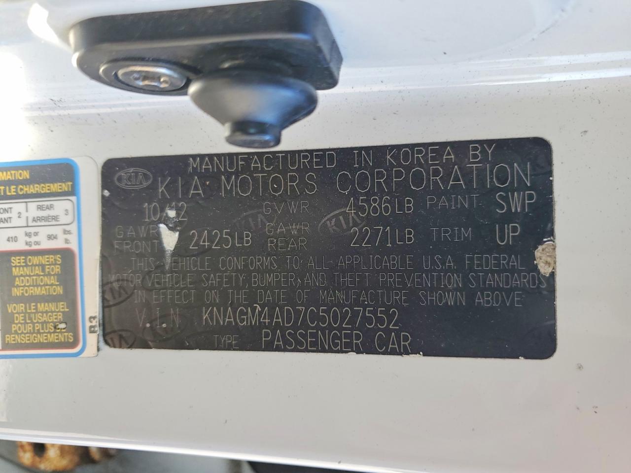 2012 Kia Optima Hybrid Lx White vin: KNAGM4AD7C5027552