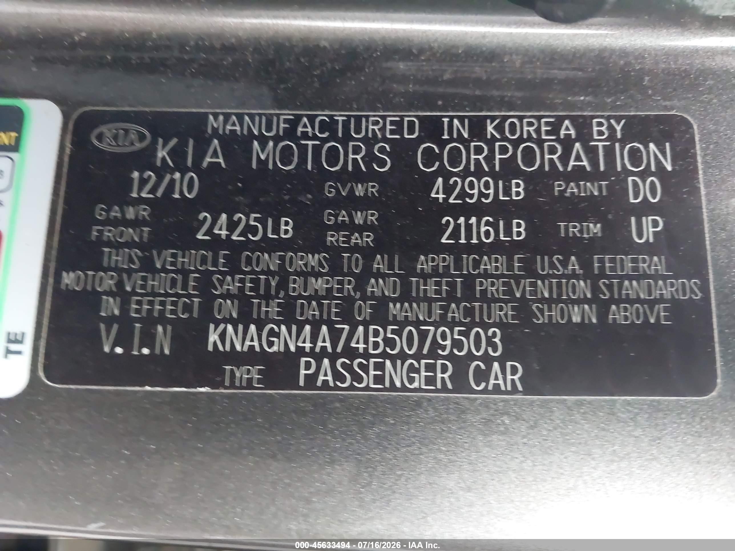 2011 Kia Optima Ex Gray vin: KNAGN4A74B5079503