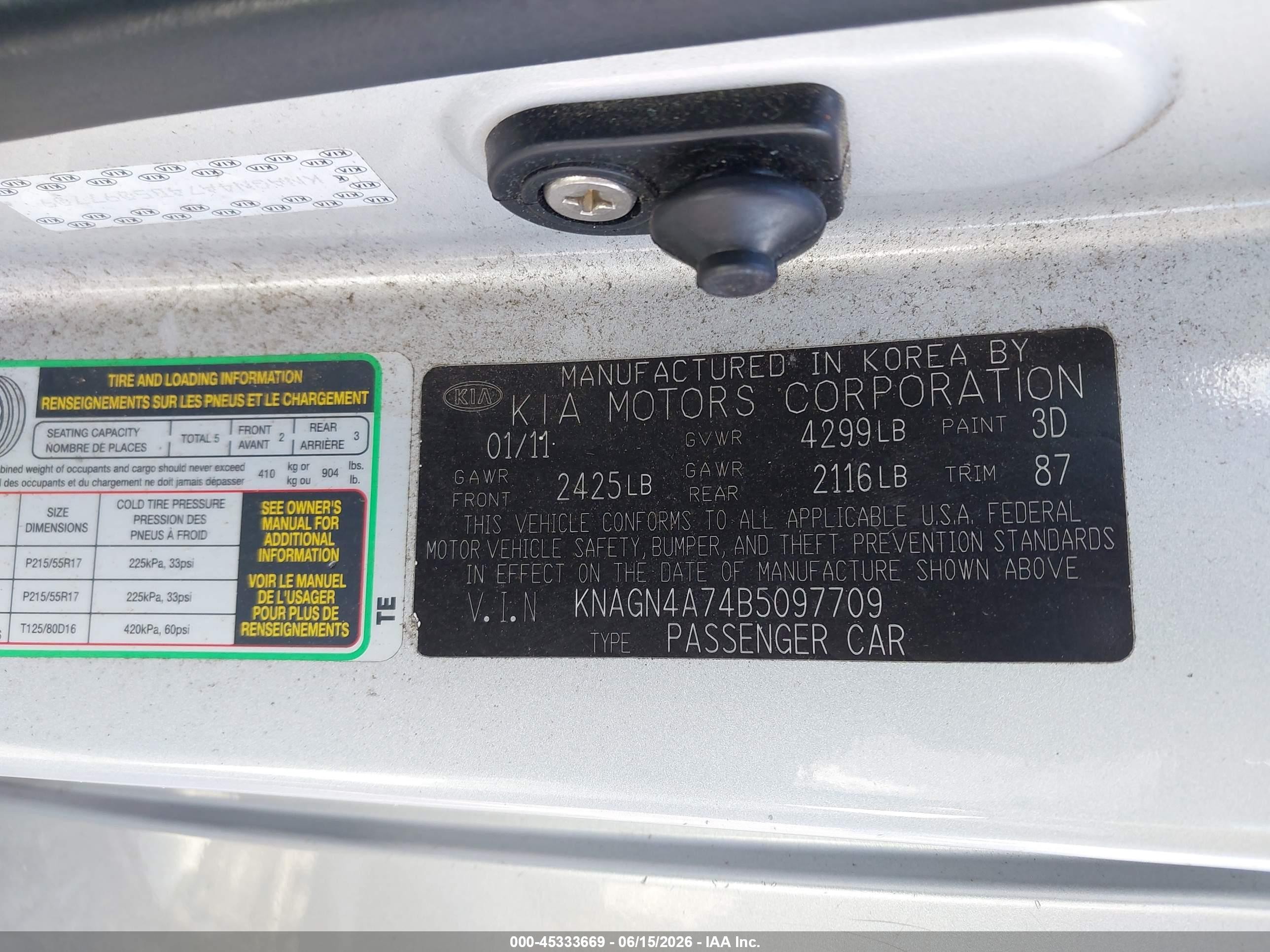 2011 Kia Optima Ex Silver vin: KNAGN4A74B5097709