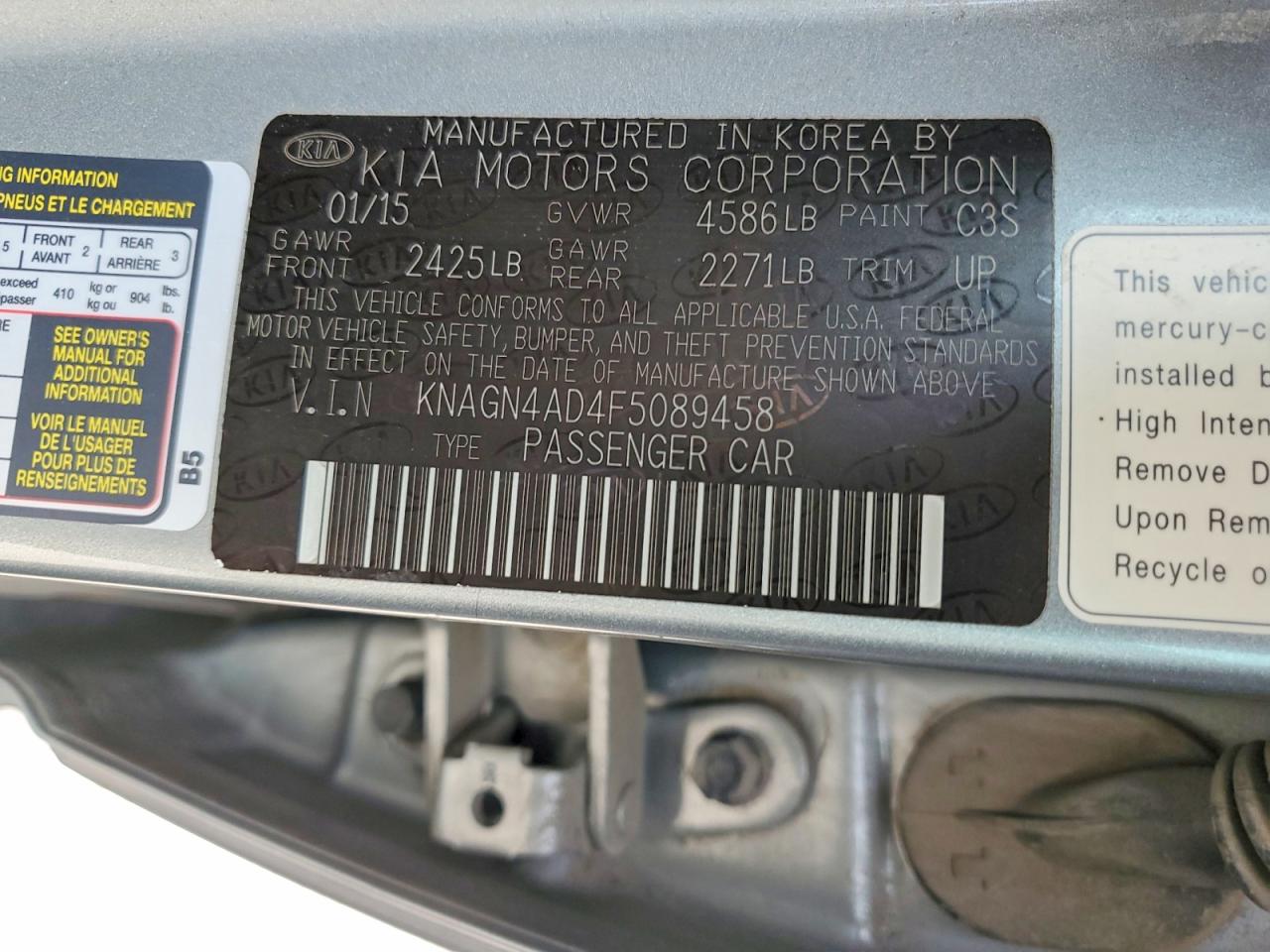 2015 Kia Optima Hybrid Silver vin: KNAGN4AD4F5089458