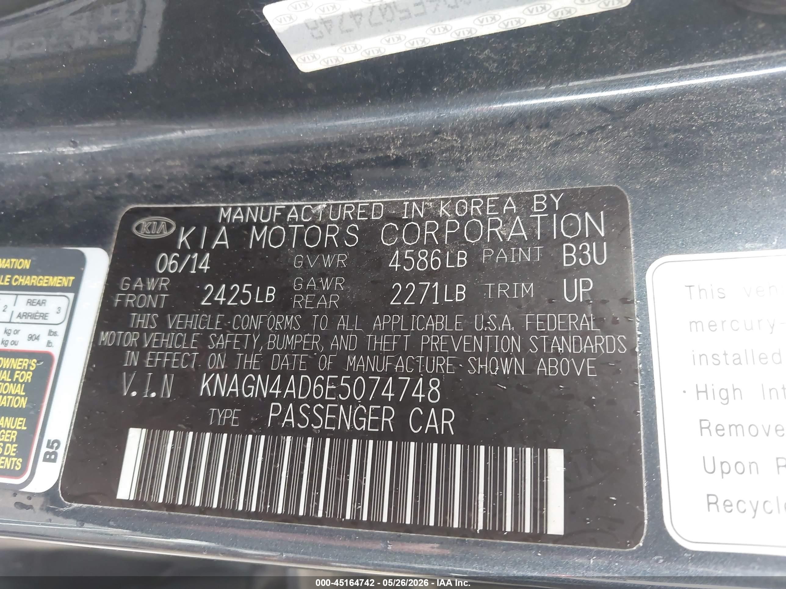 2014 Kia Optima Hybrid Ex Dark Blue vin: KNAGN4AD6E5074748