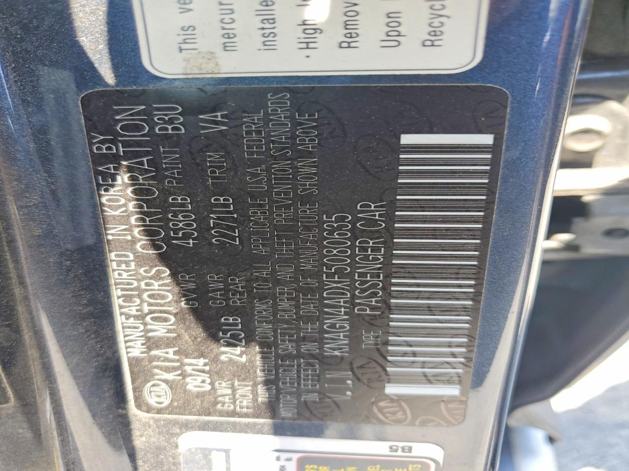 2015 Kia Optima Hybrid Blue vin: KNAGN4ADXF5080635