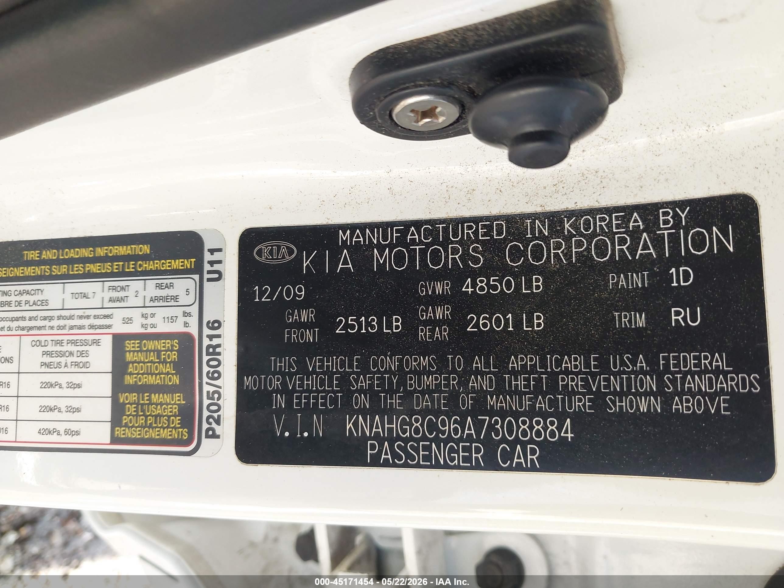 2010 Kia Rondo Lx White vin: KNAHG8C96A7308884