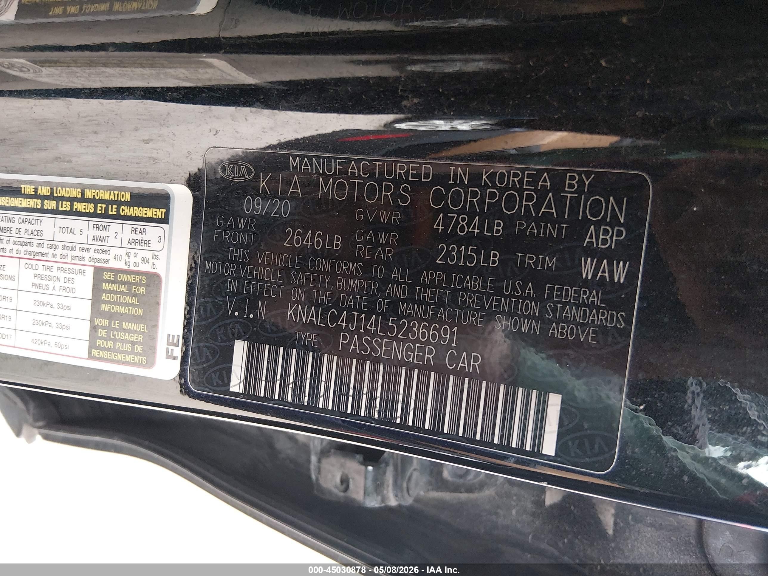 2020 Kia Cadenza Limited Black vin: KNALC4J14L5236691