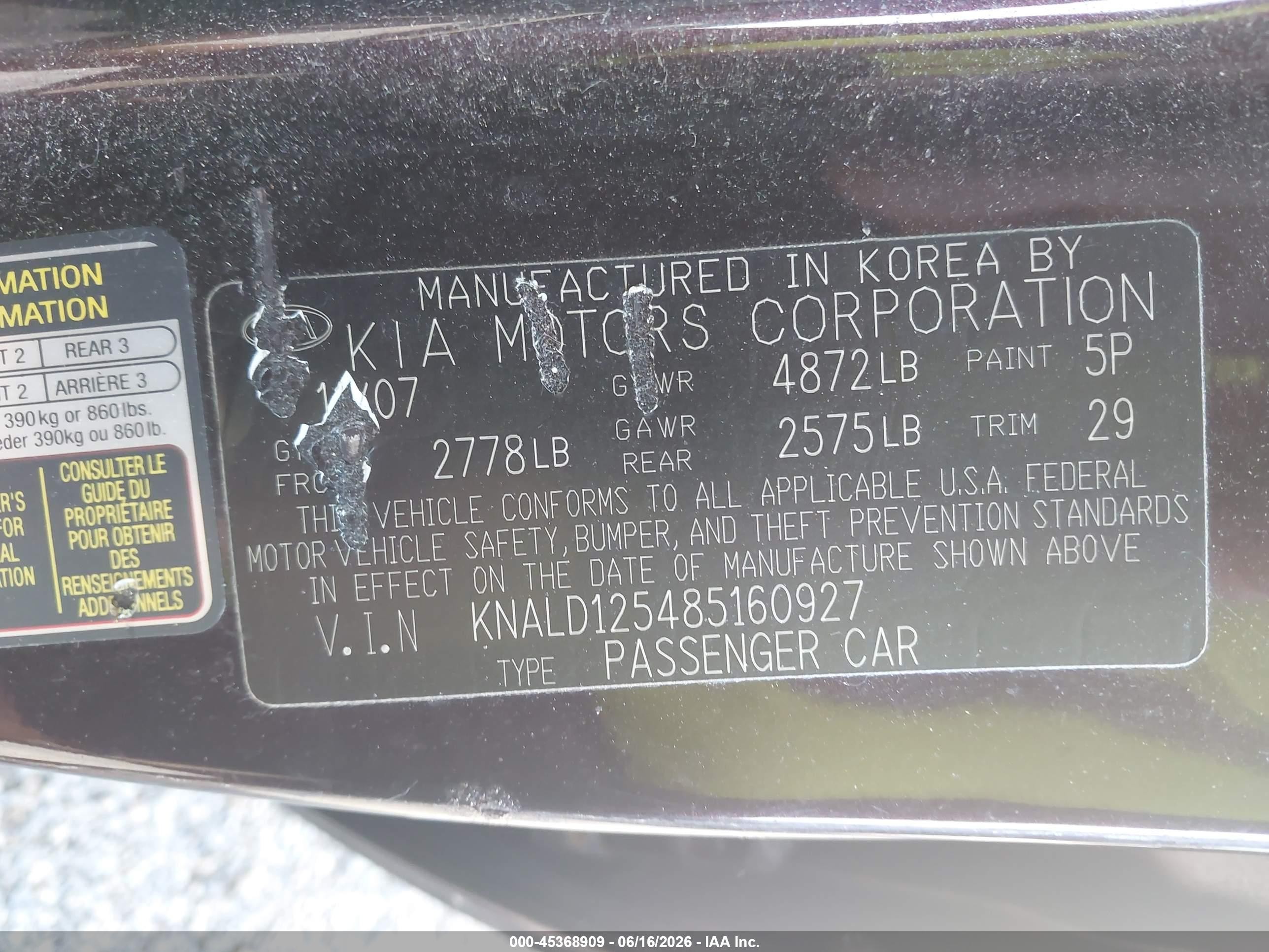 2008 Kia Amanti   Purple vin: KNALD125485160927