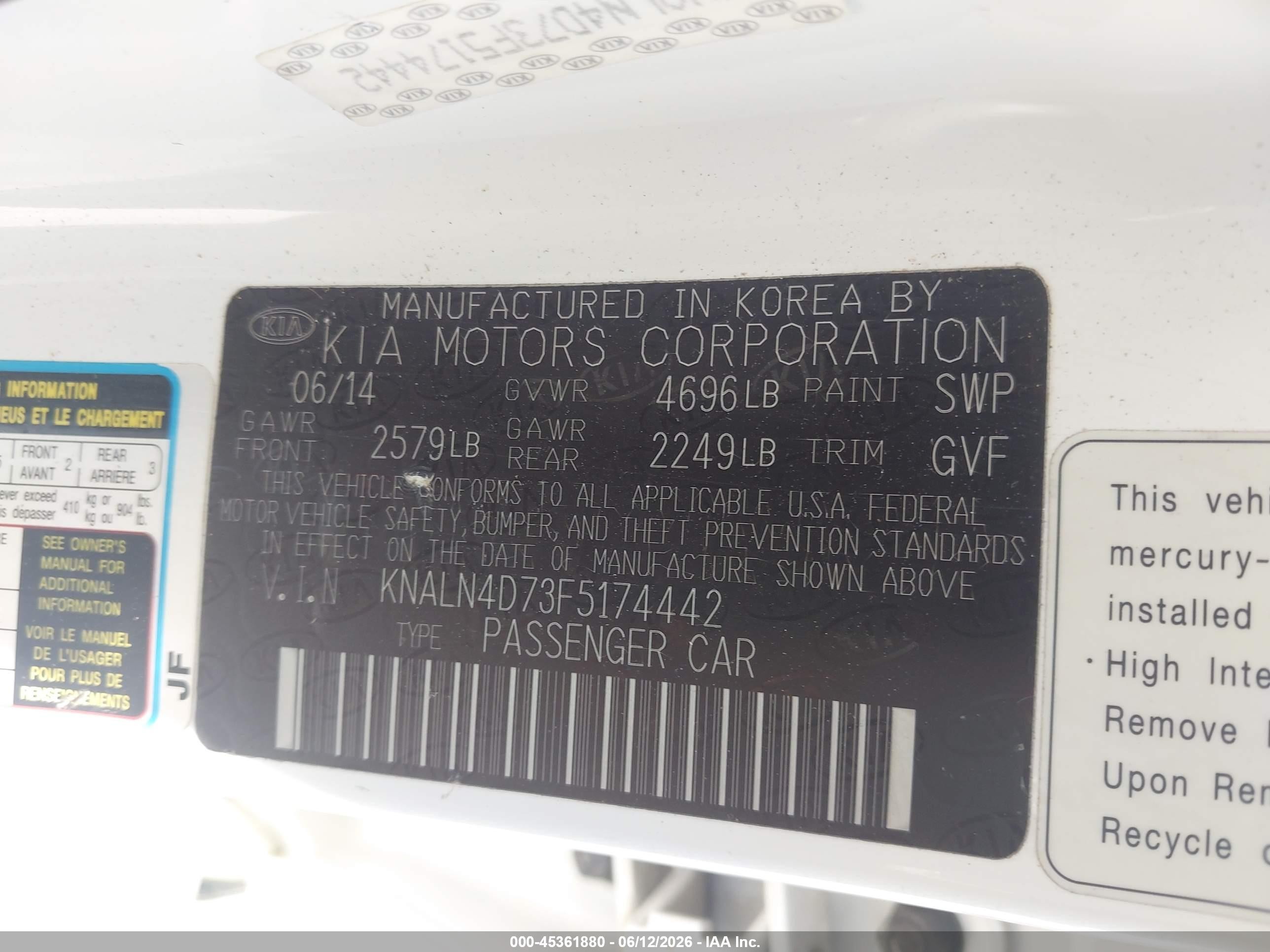 2015 Kia Cadenza Premium Белый vin: KNALN4D73F5174442