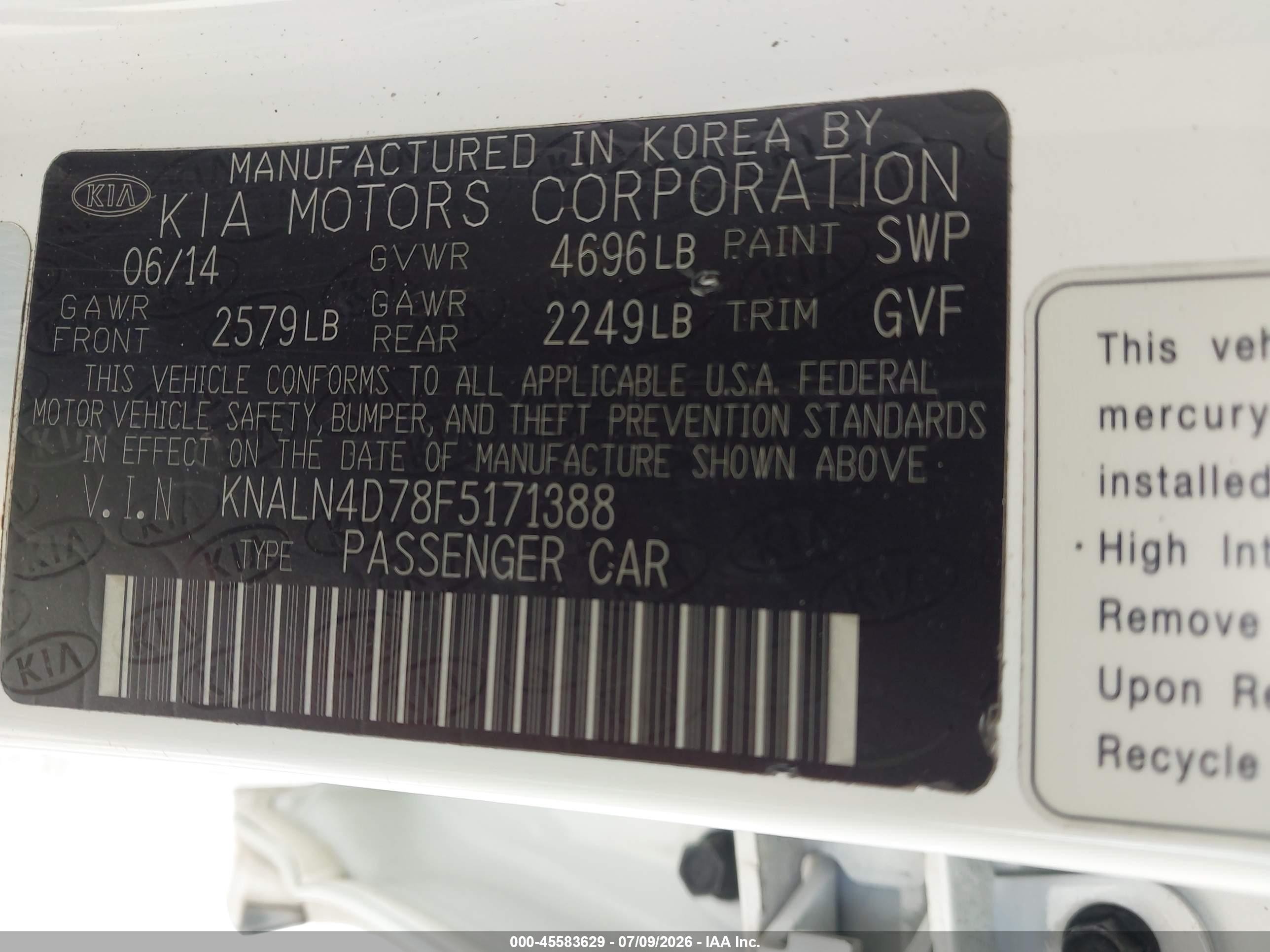 2015 Kia Cadenza Premium White vin: KNALN4D78F5171388