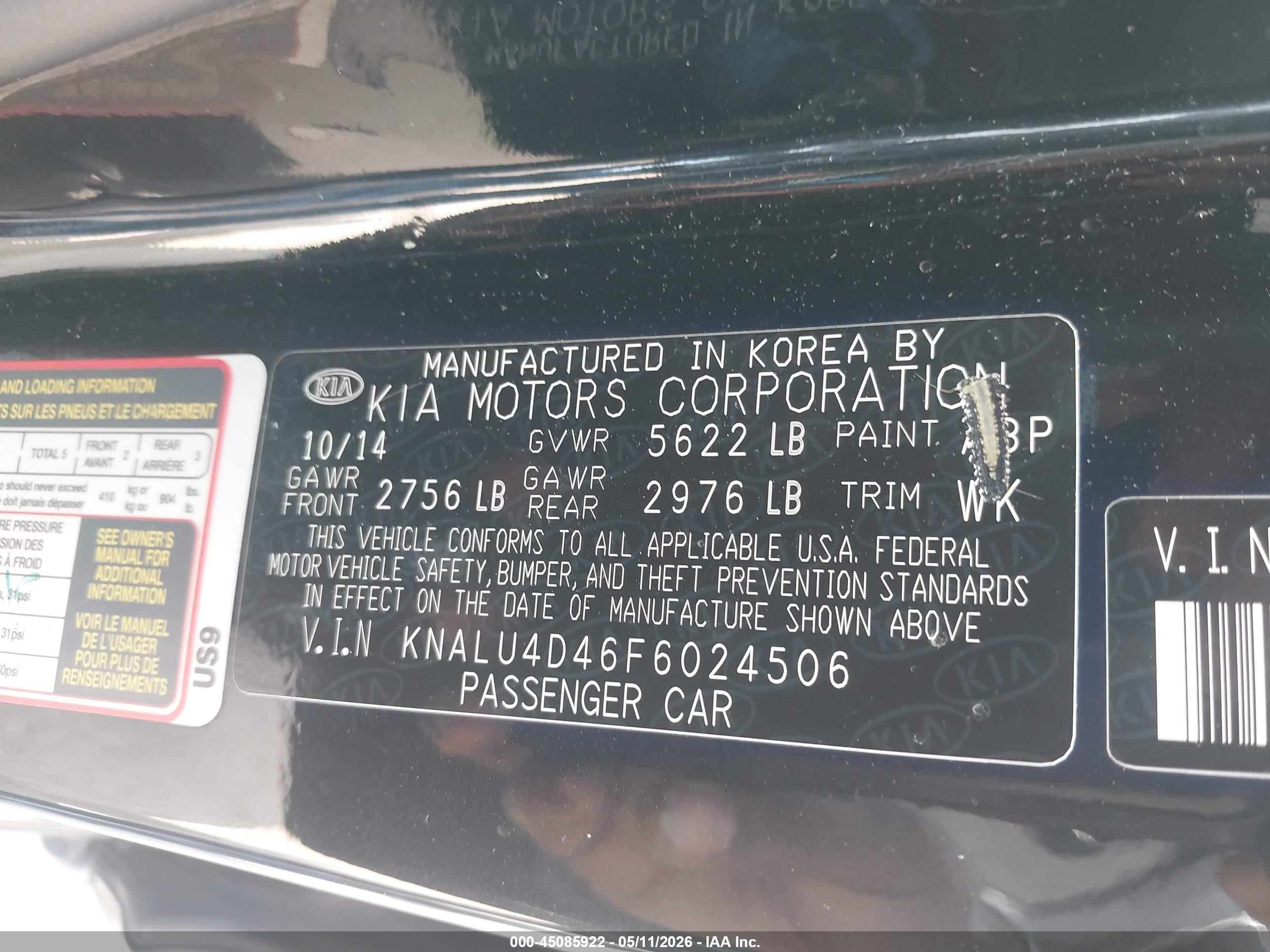2015 Kia K900 Premium Black vin: KNALU4D46F6024506