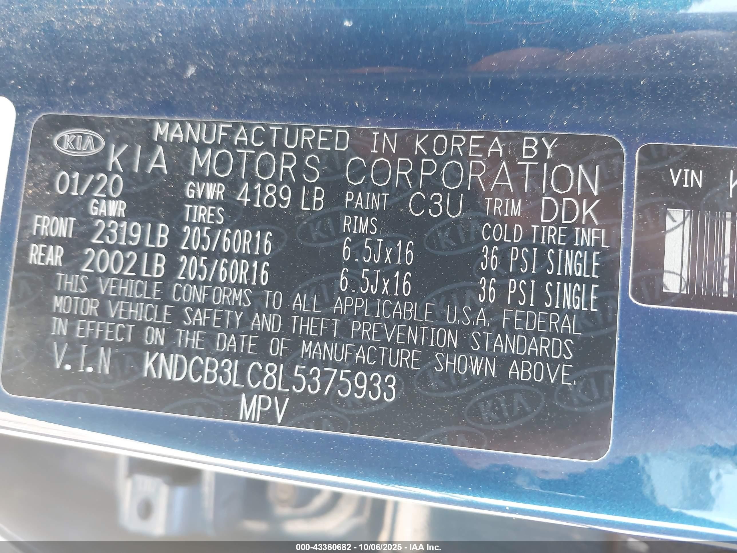 2020 Kia Niro Lxs Blue vin: KNDCB3LC8L5375933