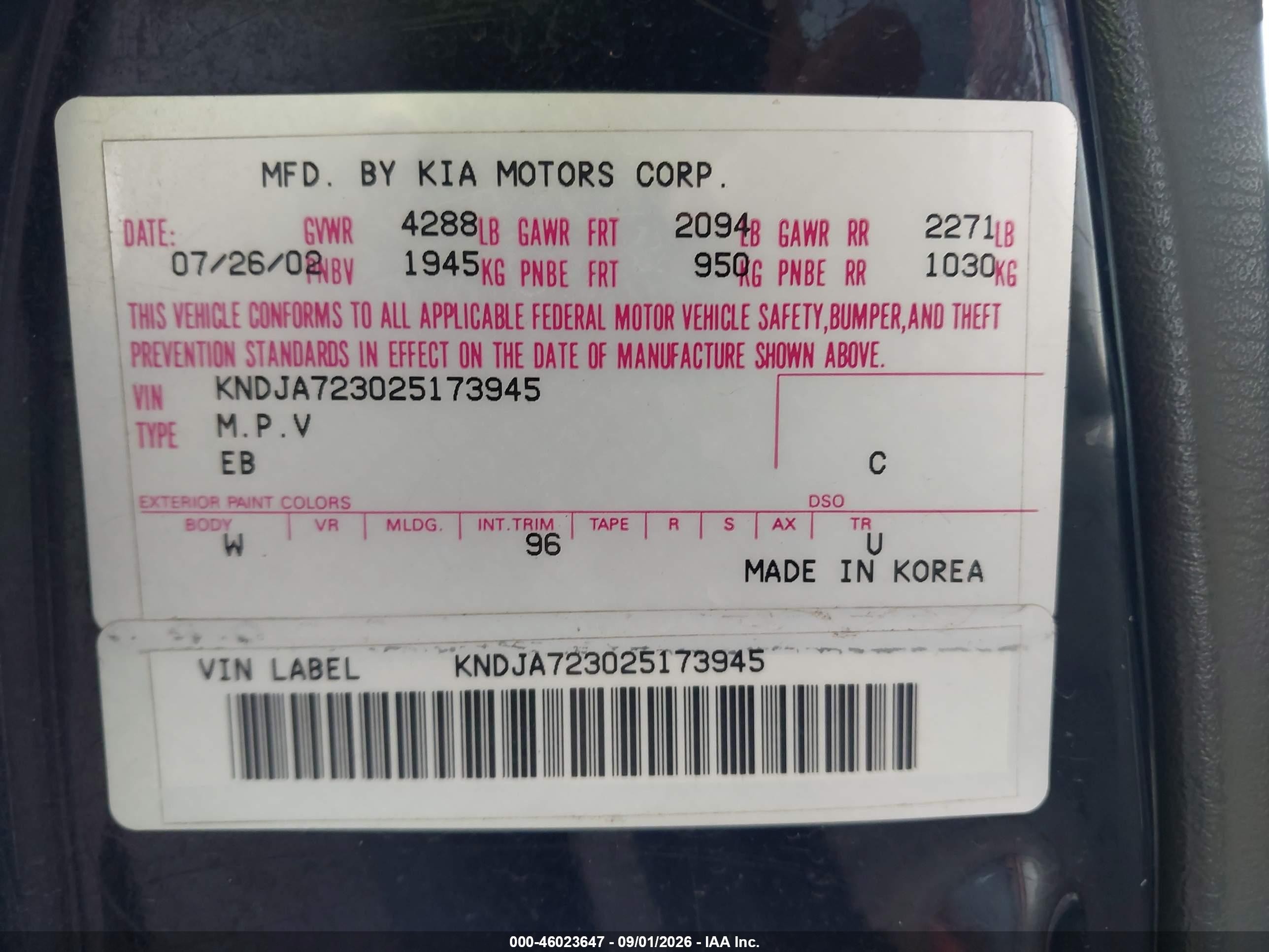 2002 Kia Sportage   Черный vin: KNDJA723025173945