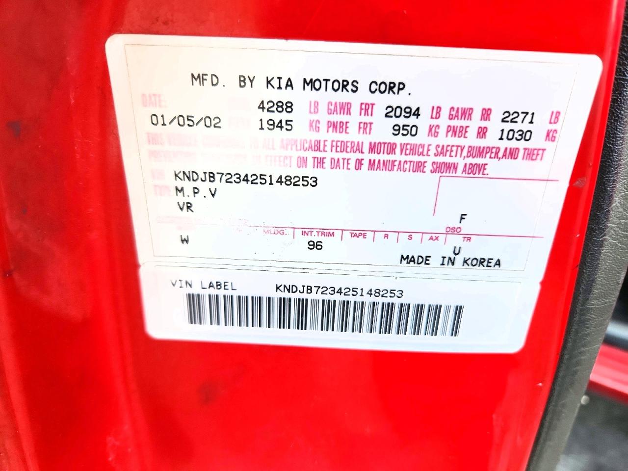 2002 Kia Sportage Base Красный vin: KNDJB723425148253