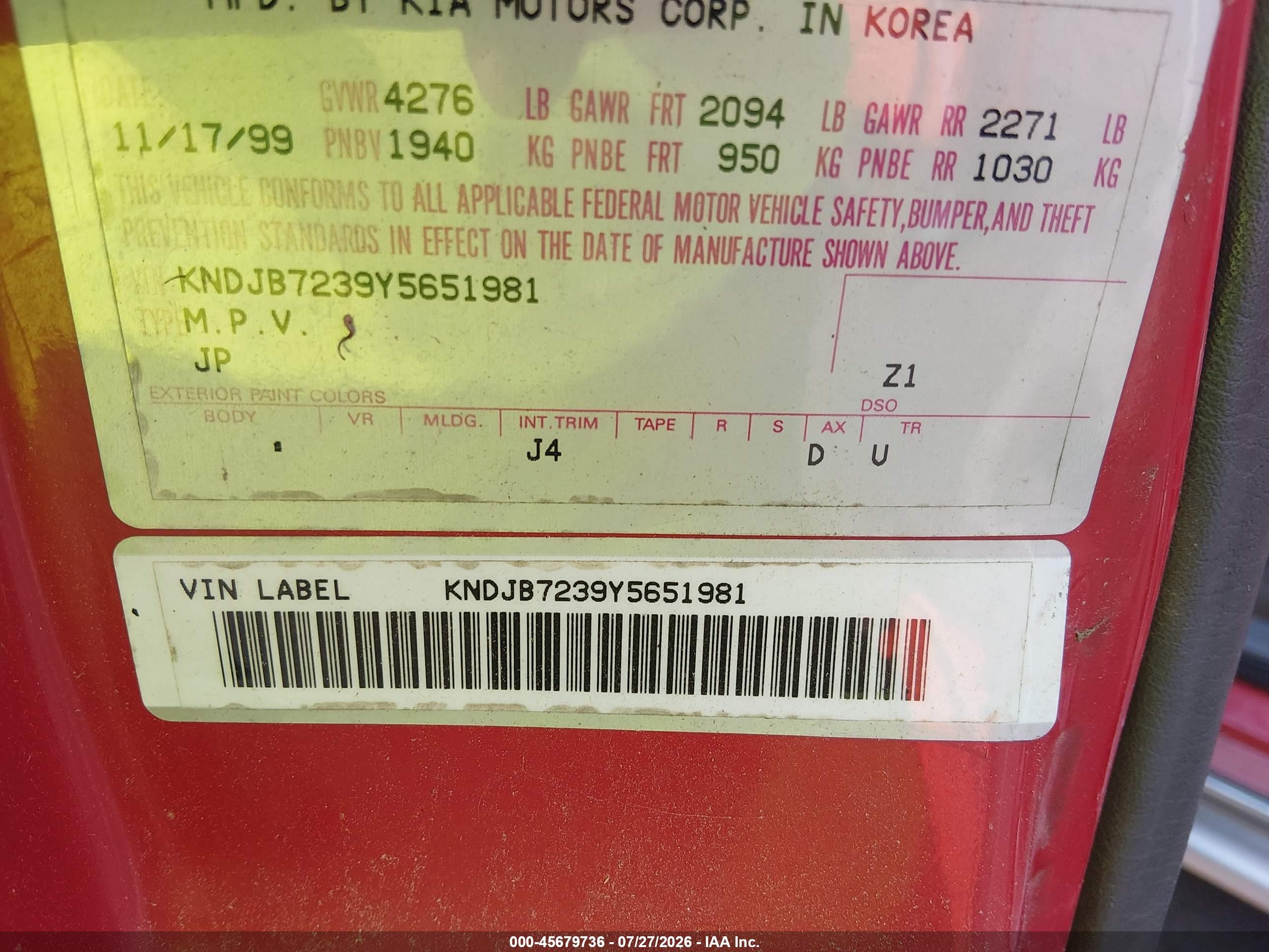 2000 Kia Sportage Ex Red vin: KNDJB7239Y5651981