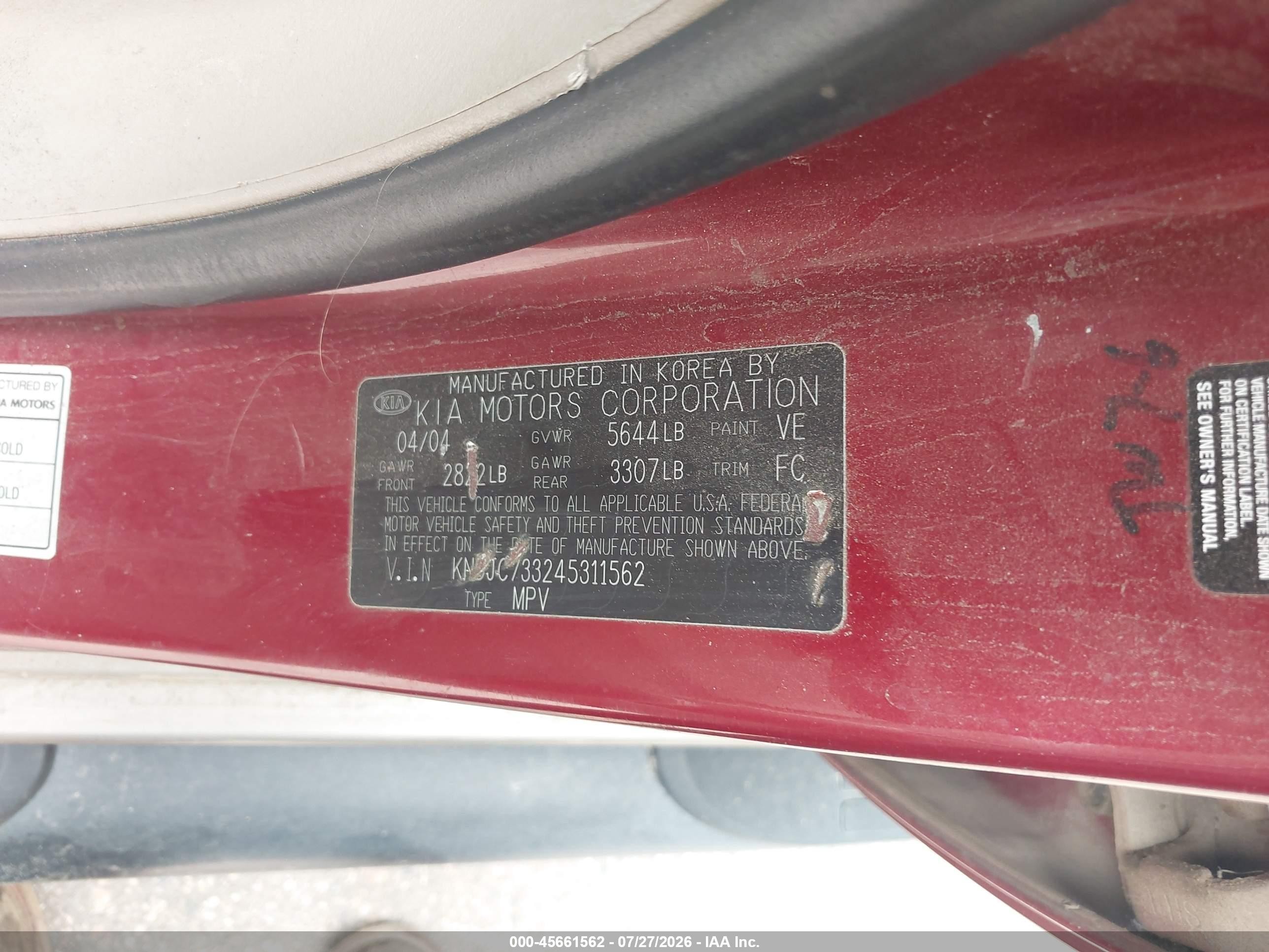 2004 Kia Sorento Ex/lx Red vin: KNDJC733245311562