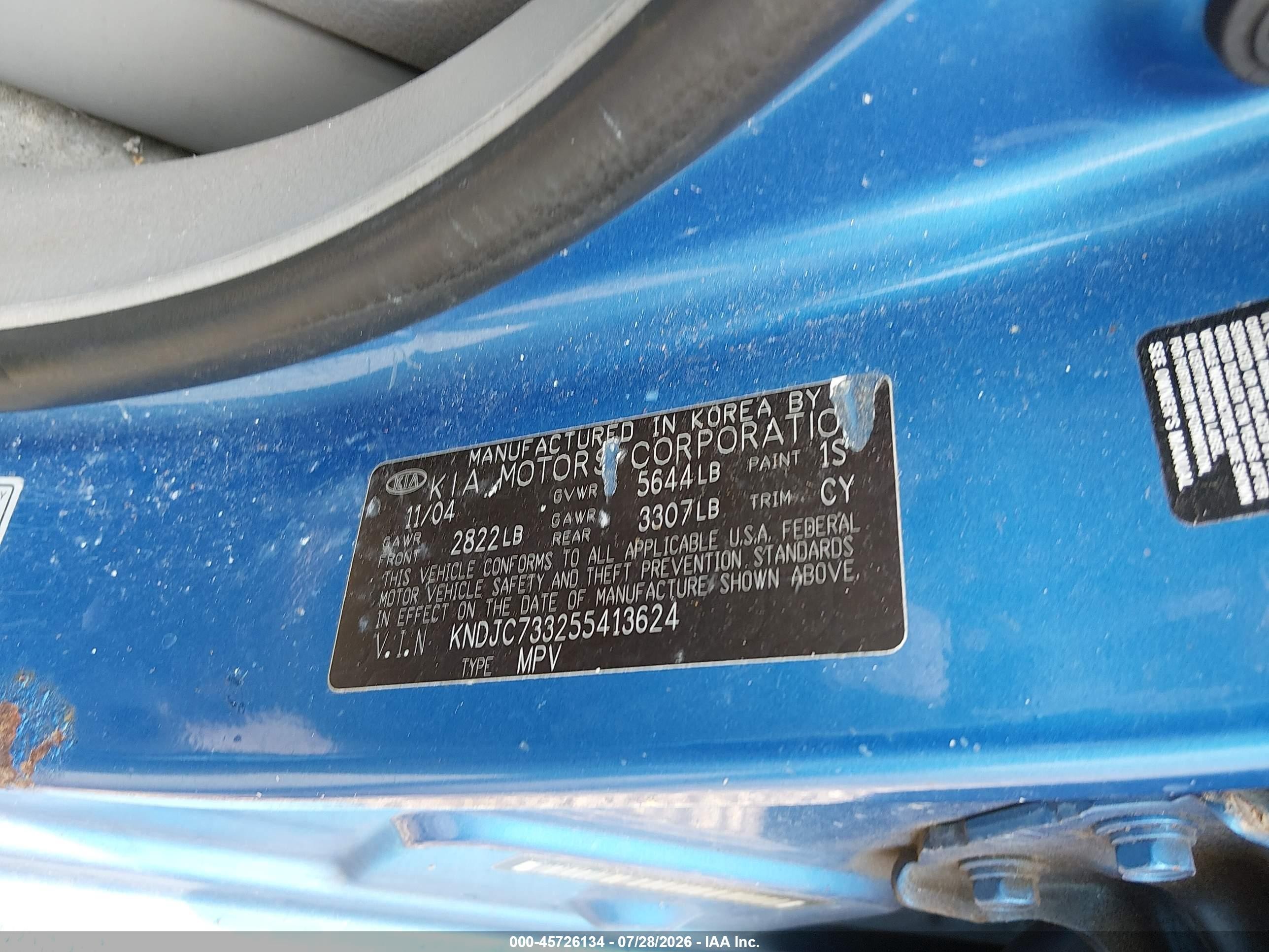 2005 Kia Sorento Ex/lx Blue vin: KNDJC733255413624