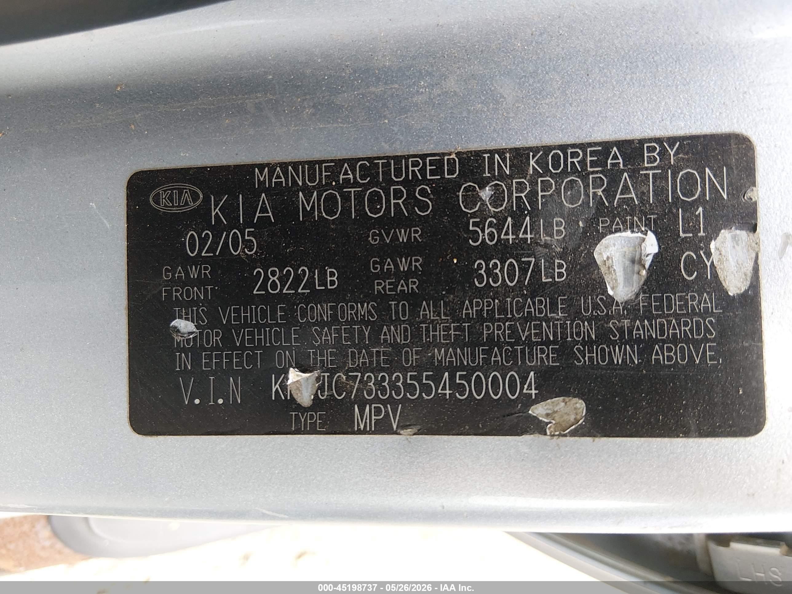 2005 Kia Sorento Ex/lx Silver vin: KNDJC733355450004