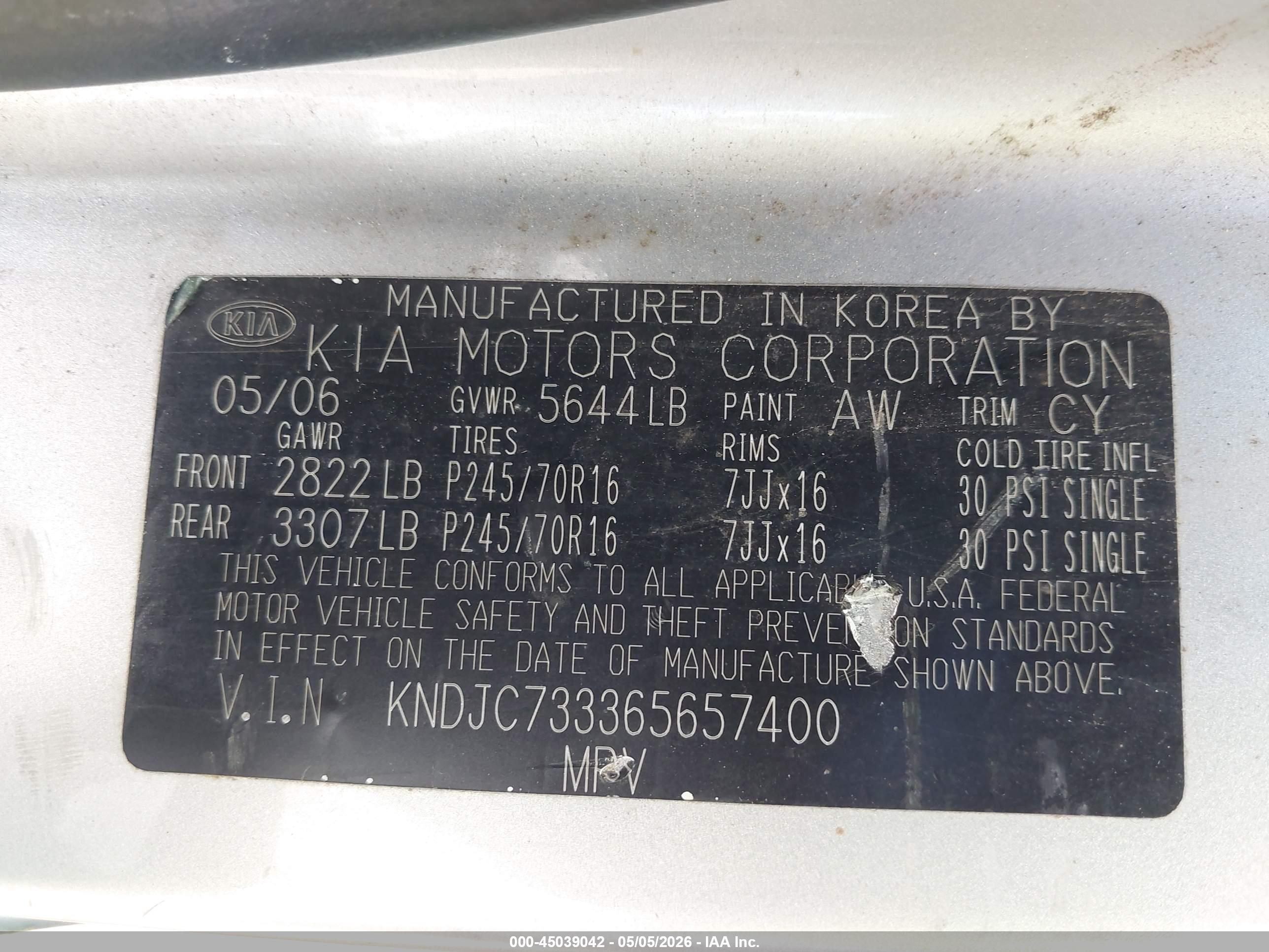 2006 Kia Sorento Ex/lx Silver vin: KNDJC733365657400