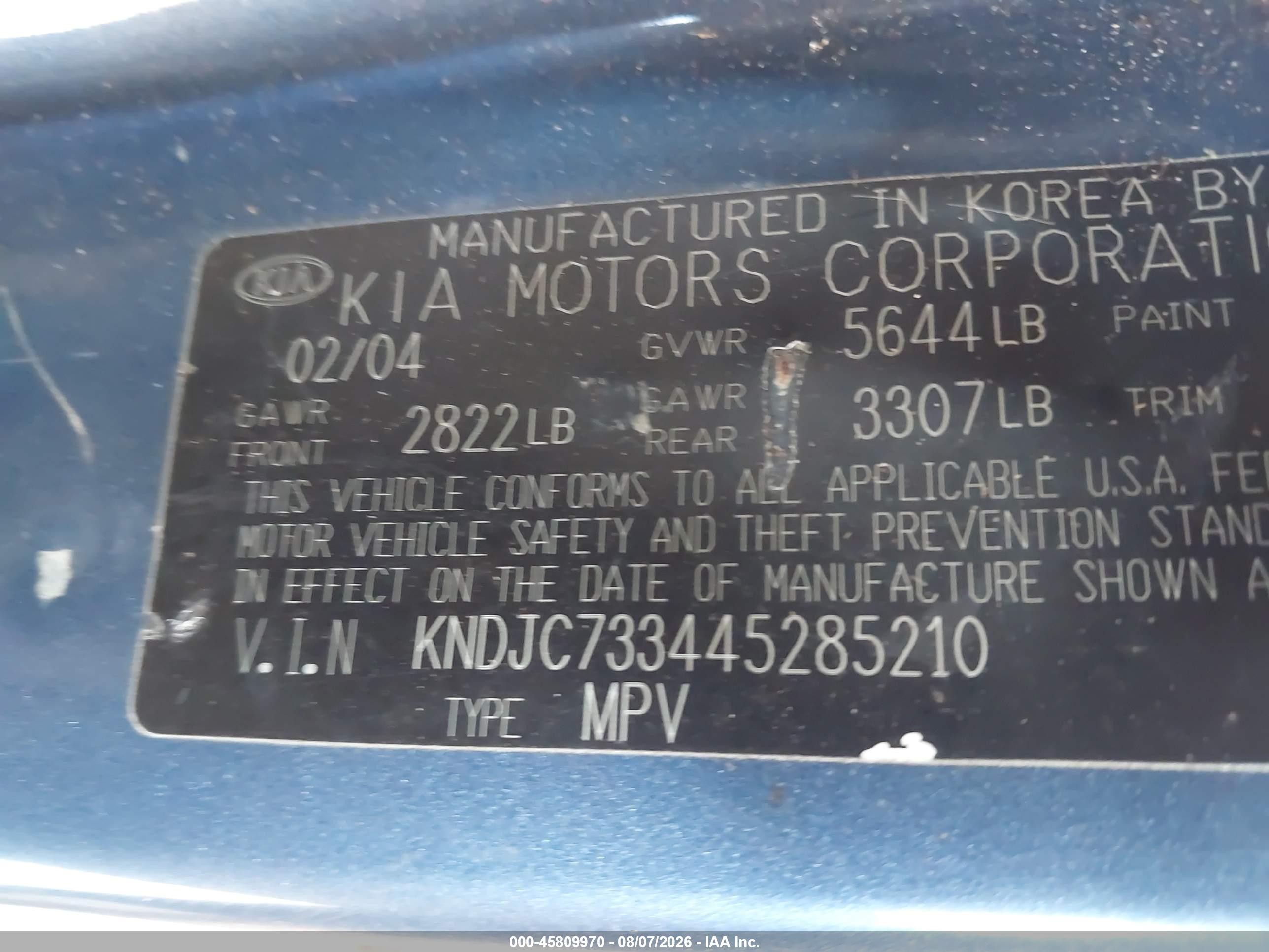 2004 Kia Sorento Ex/lx Light Blue vin: KNDJC733445285210