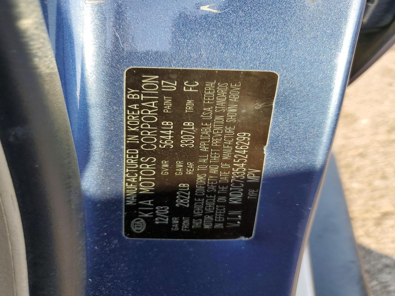 2004 Kia Sorento Lx Blue vin: KNDJC733545246299