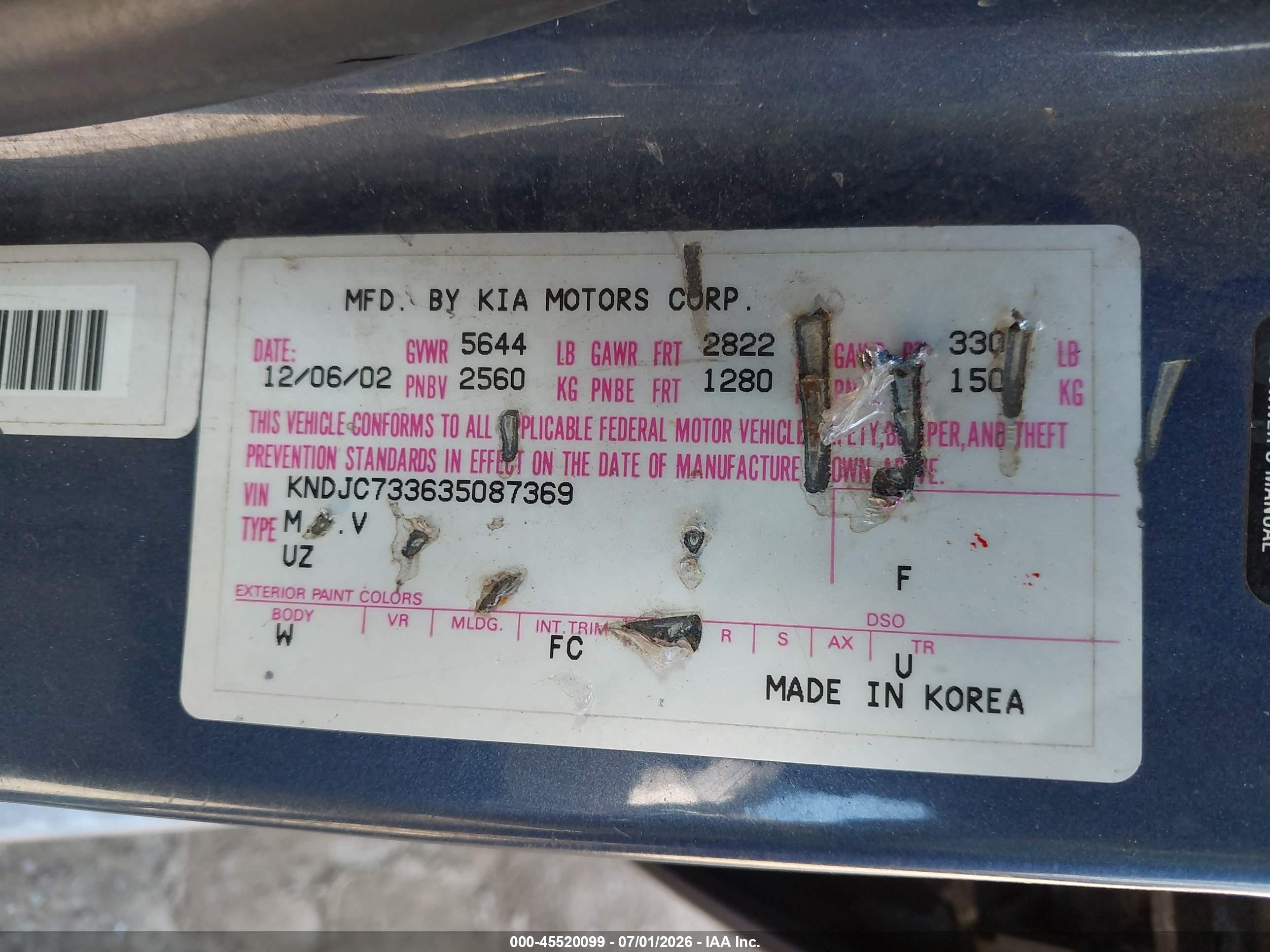 2003 Kia Sorento Ex/lx Blue vin: KNDJC733635087369
