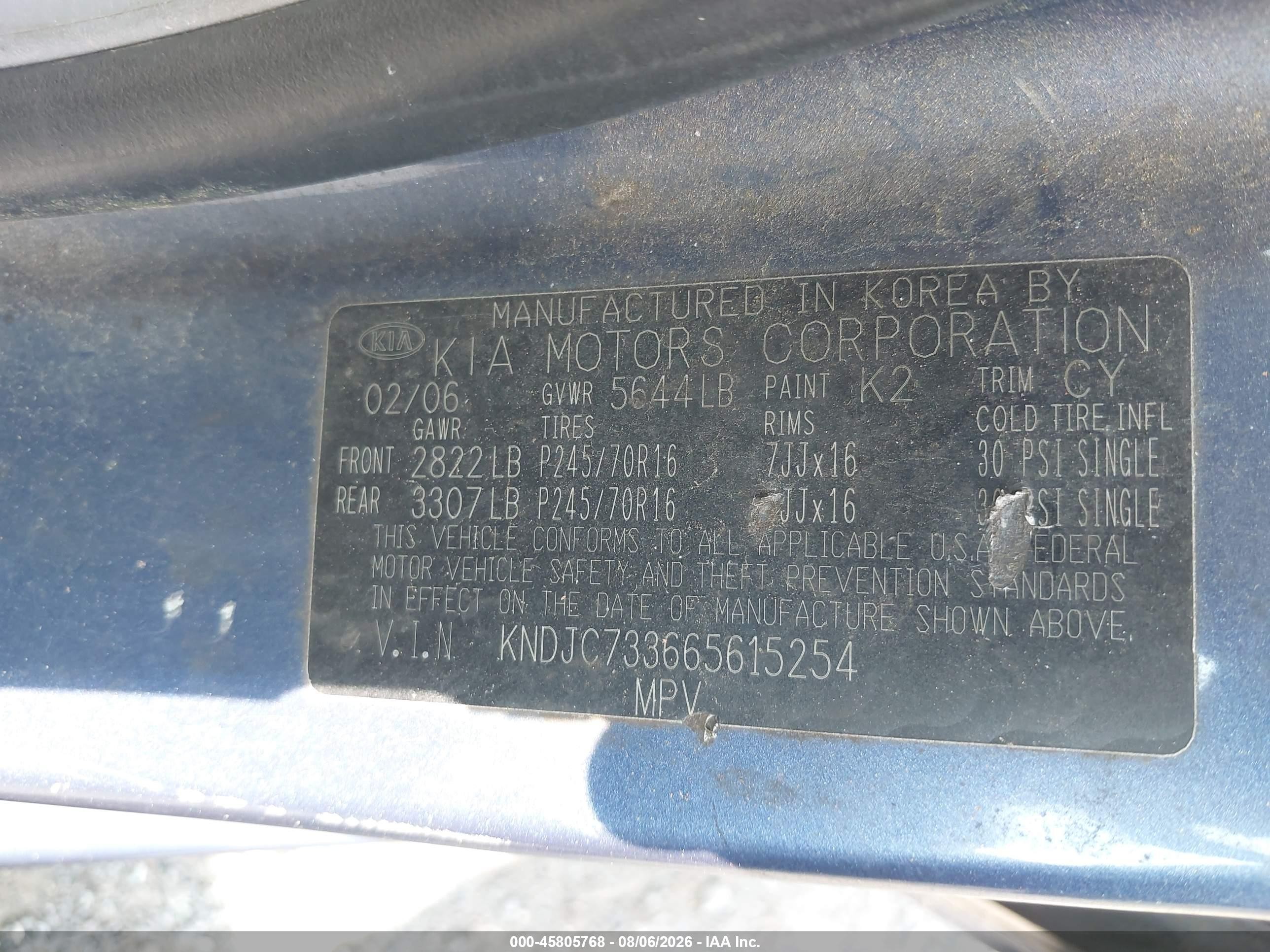 2006 Kia Sorento Ex/lx Blue vin: KNDJC733665615254