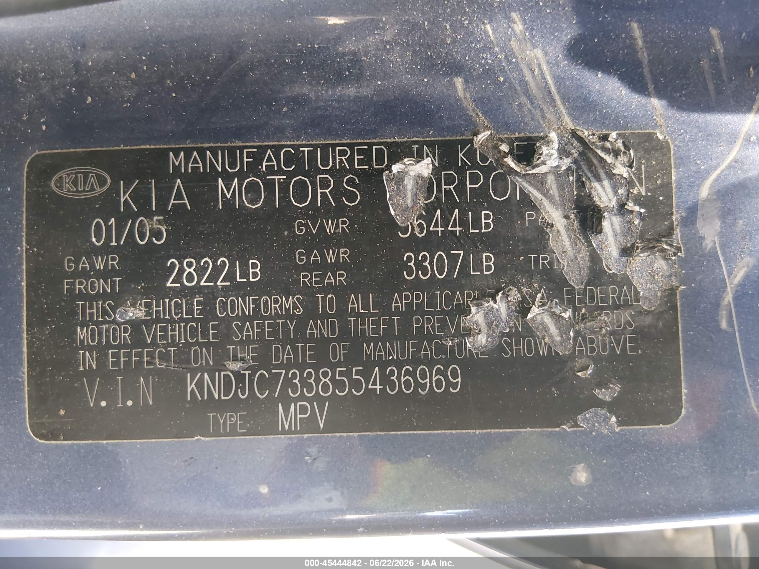 2005 Kia Sorento Ex/lx Blue vin: KNDJC733855436969
