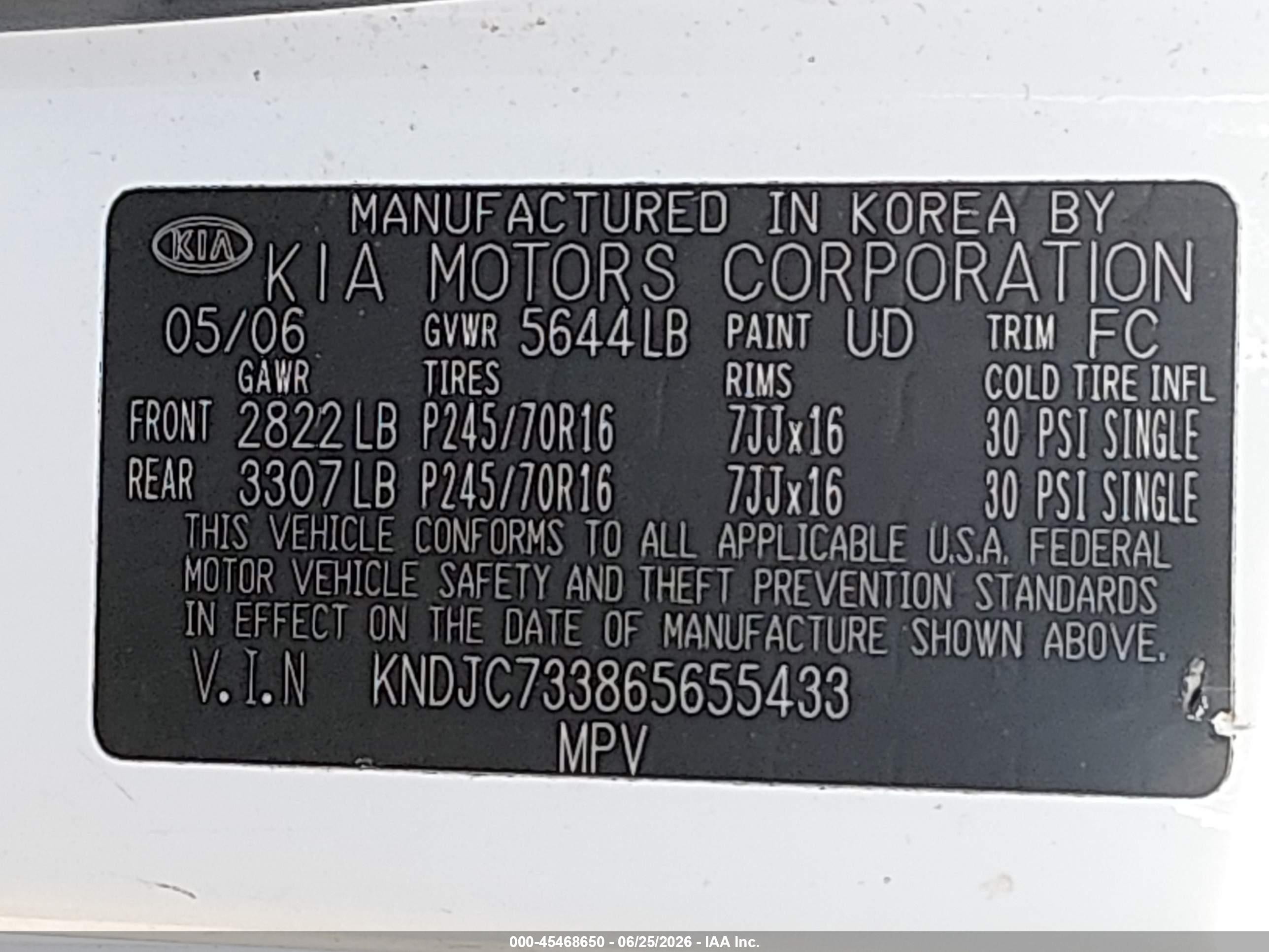 2006 Kia Sorento Ex/lx White vin: KNDJC733865655433