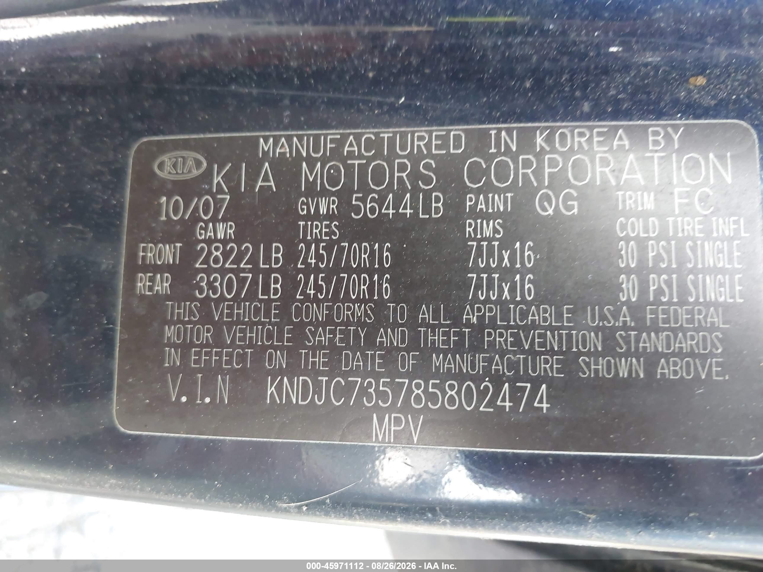 2008 Kia Sorento Lx Black vin: KNDJC735785802474