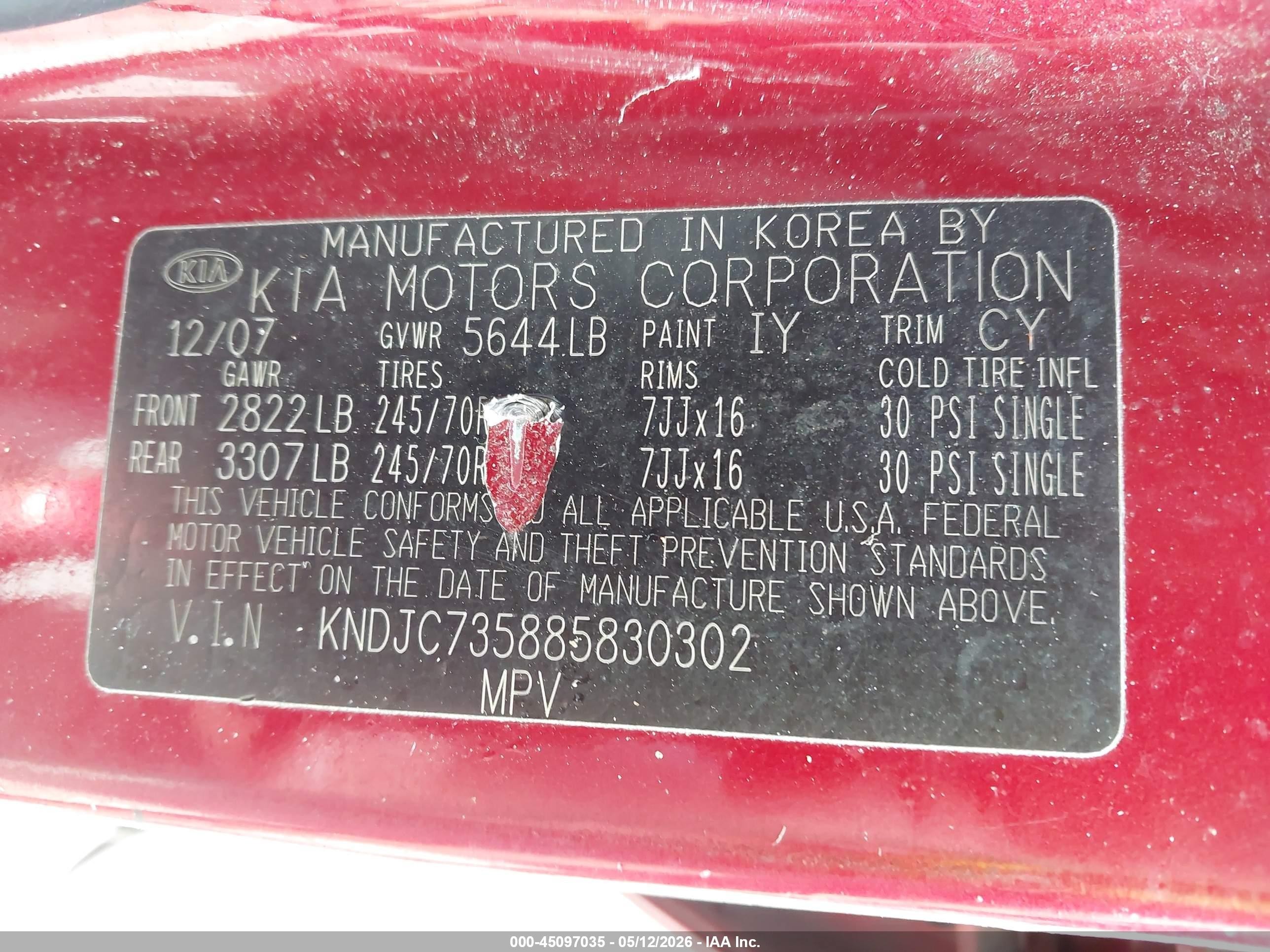2008 Kia Sorento Lx Burgundy vin: KNDJC735885830302