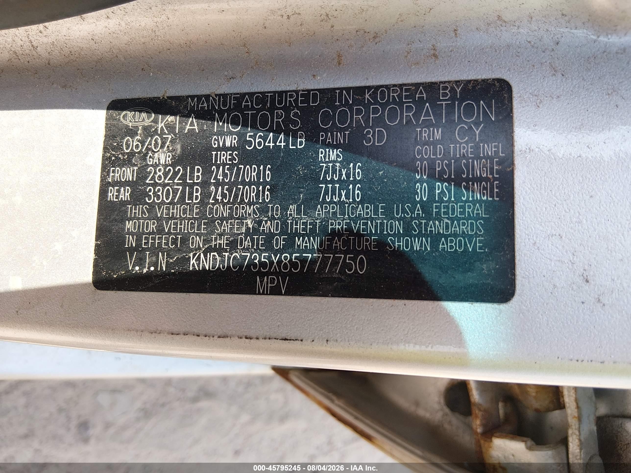 2008 Kia Sorento Lx Silver vin: KNDJC735X85777750