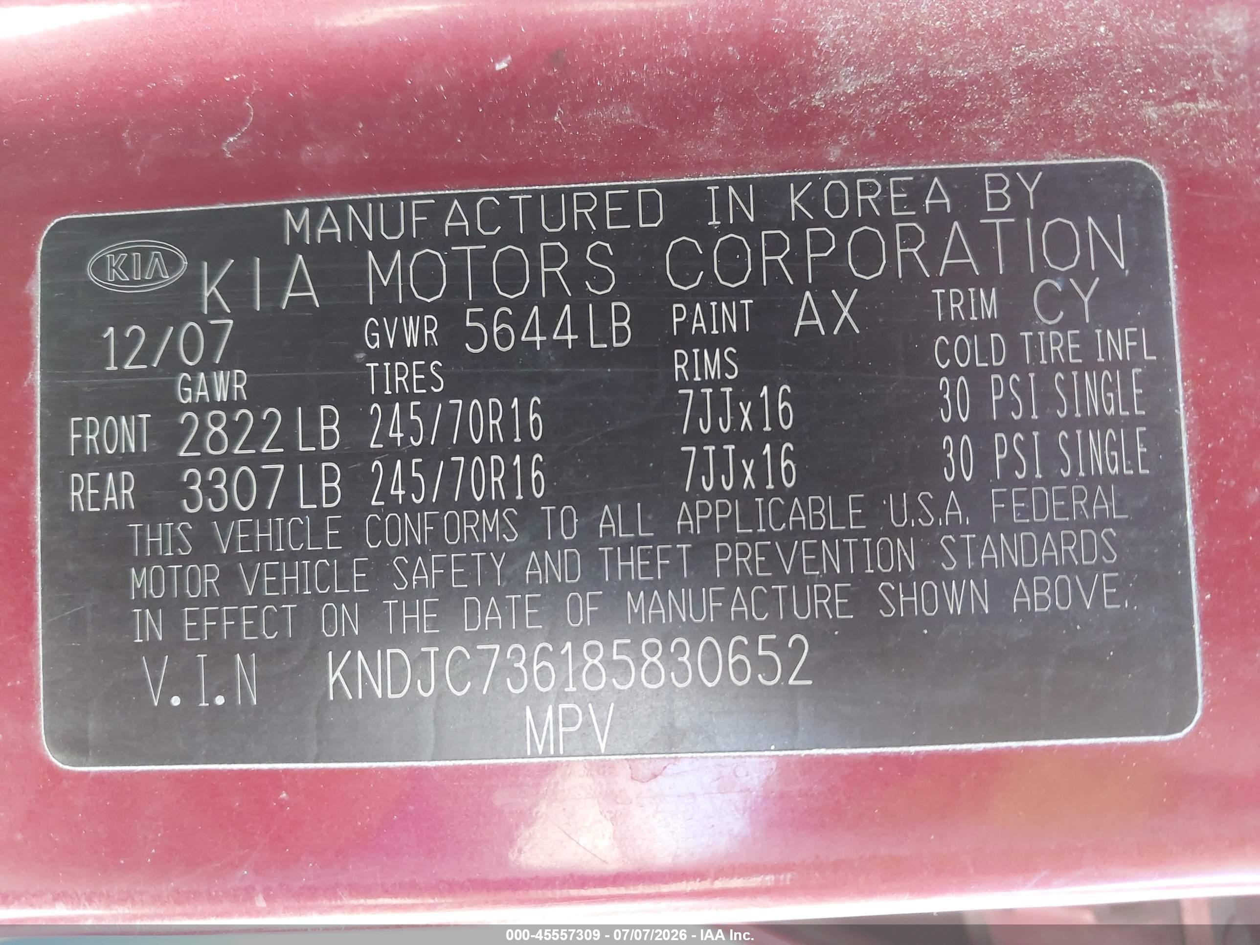 2008 Kia Sorento Ex Red vin: KNDJC736185830652
