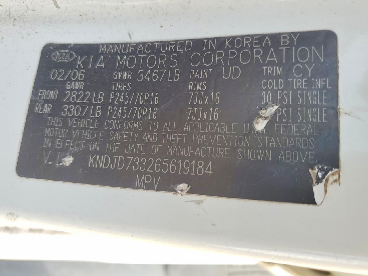 2006 Kia Sorento Белый vin: KNDJD733265619184