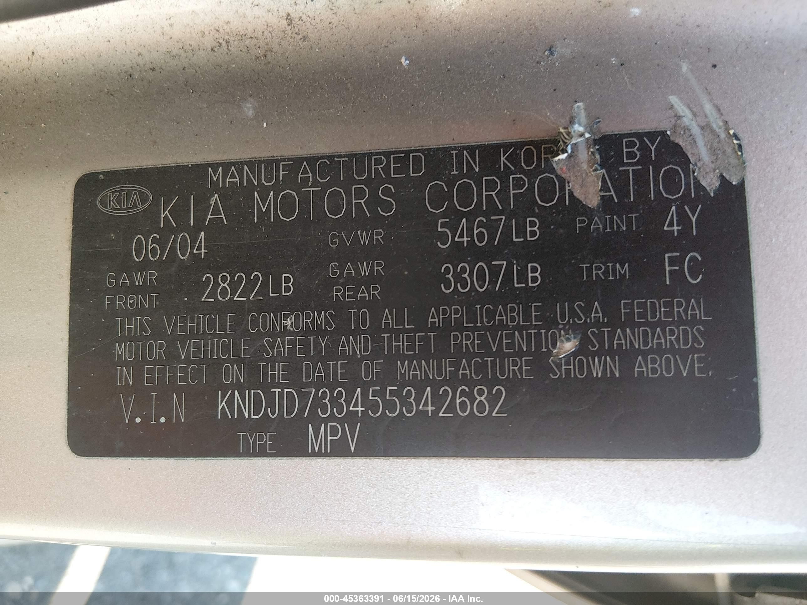 2005 Kia Sorento Ex/lx Champagne vin: KNDJD733455342682