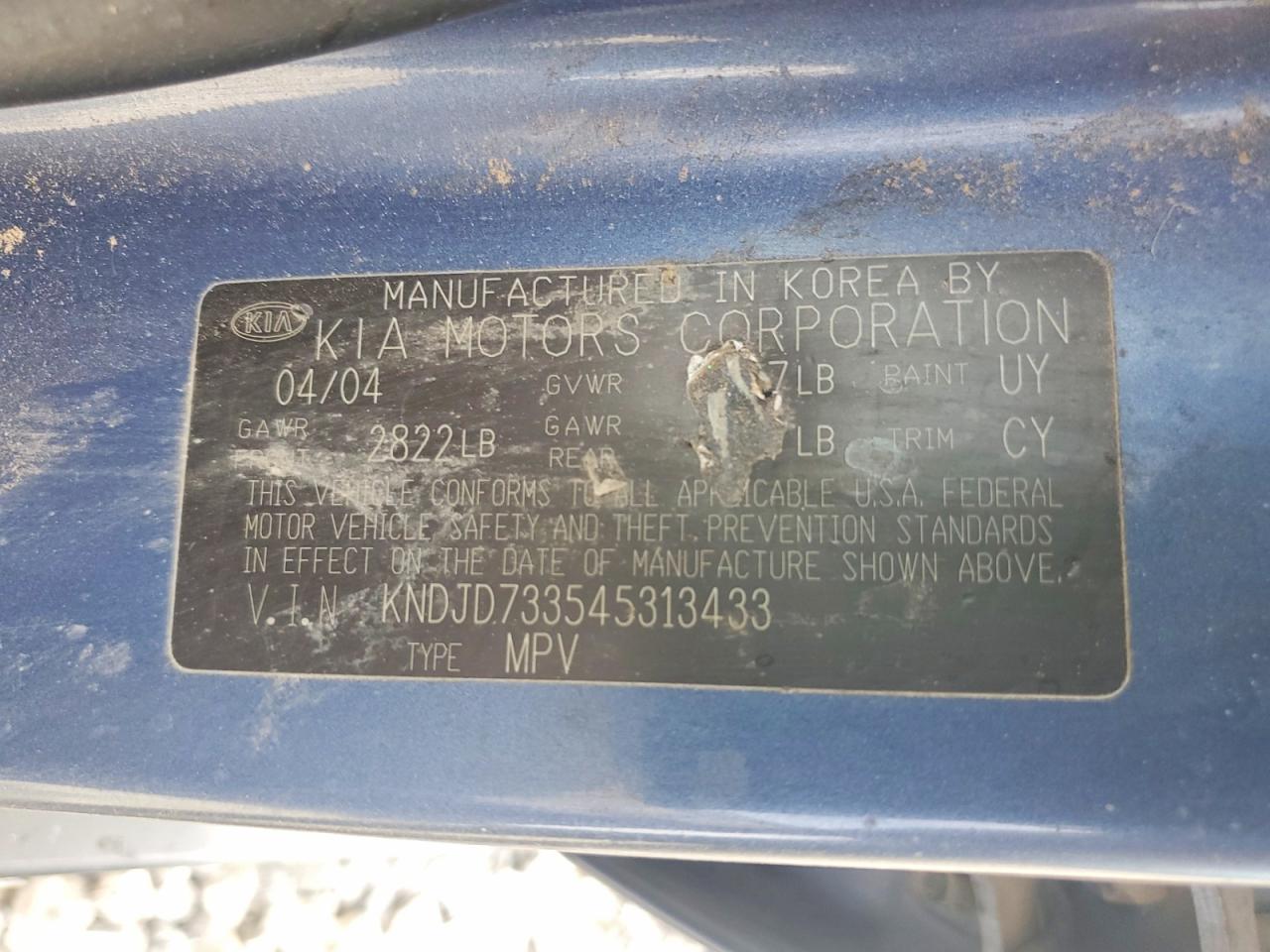 2004 Kia Sorento Lx Blue vin: KNDJD733545313433