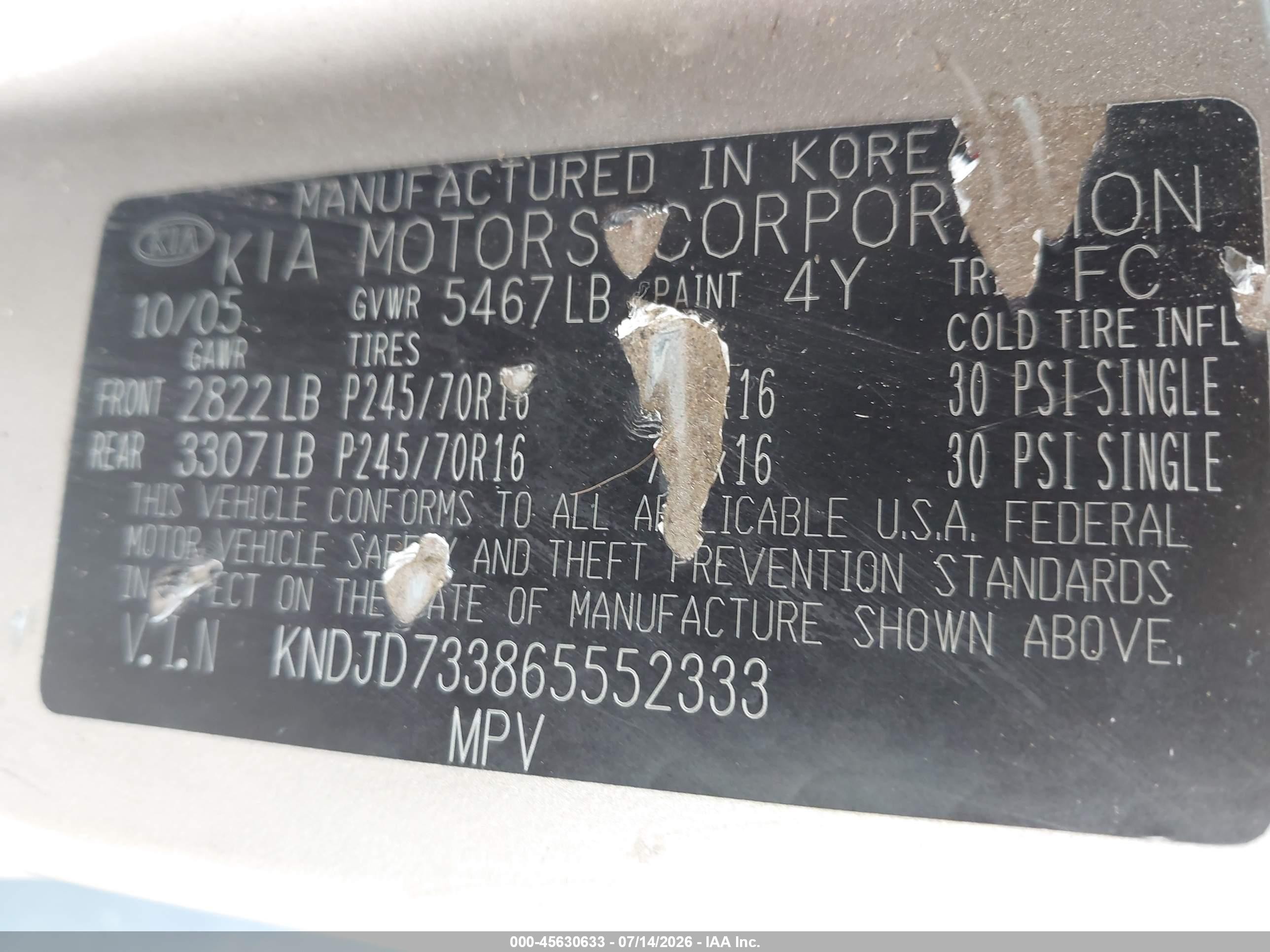 2006 Kia Sorento Ex/lx Champagne vin: KNDJD733865552333