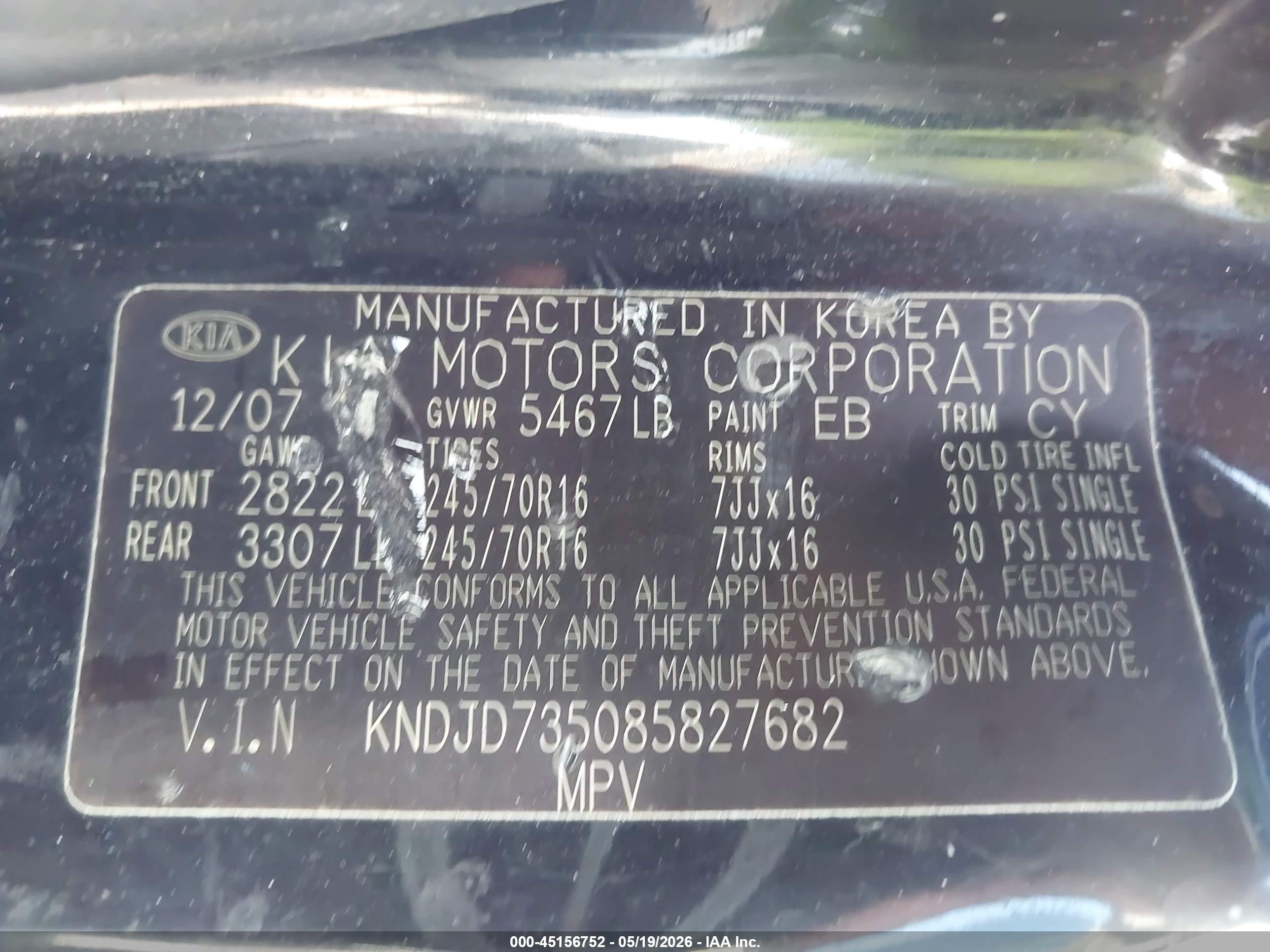 2008 Kia Sorento Lx Base Black vin: KNDJD735085827682
