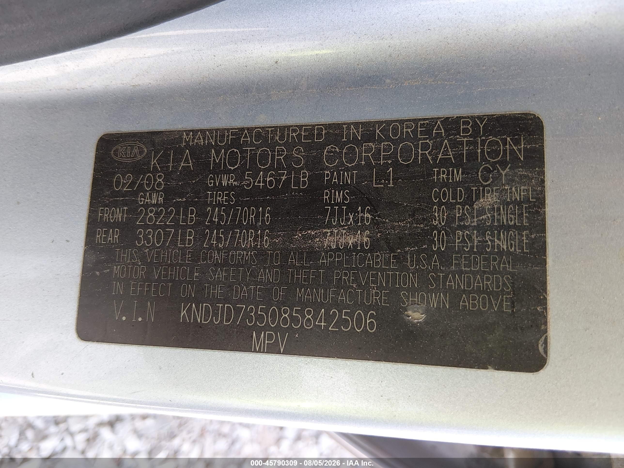 2008 Kia Sorento Lx Blue vin: KNDJD735085842506