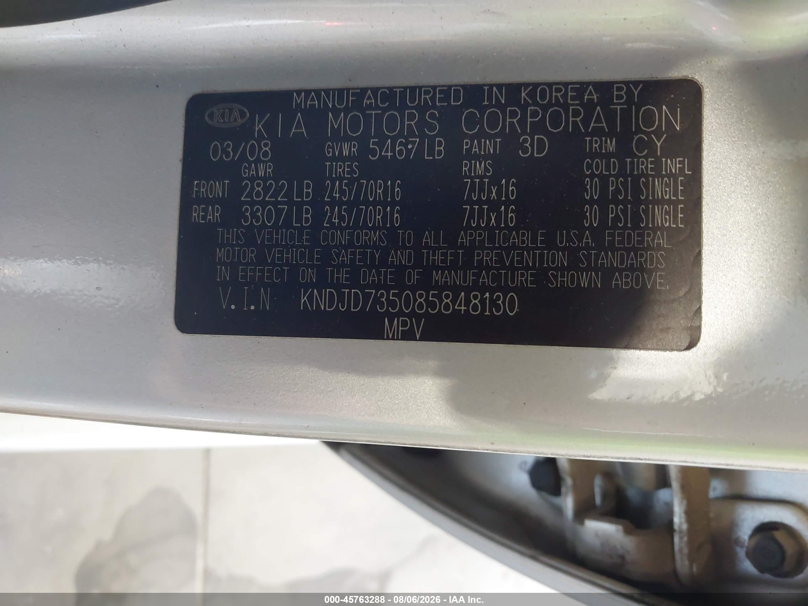 2008 Kia Sorento Lx Silver vin: KNDJD735085848130