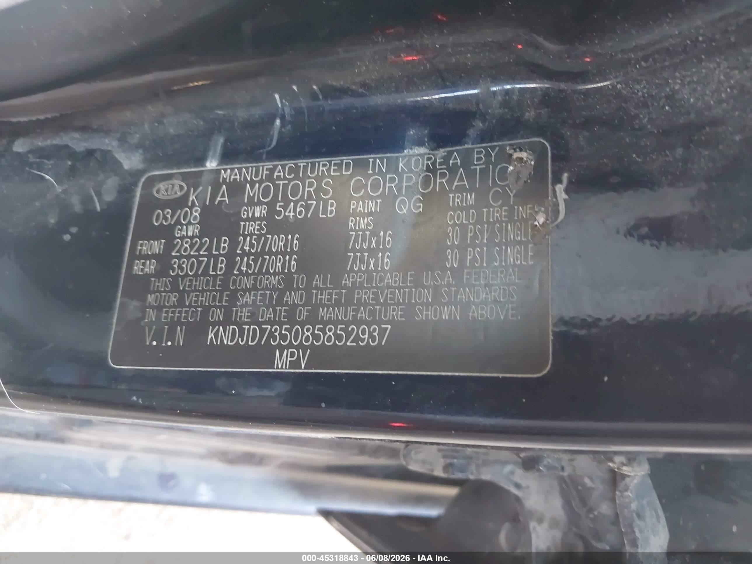2008 Kia Sorento Lx Blue vin: KNDJD735085852937