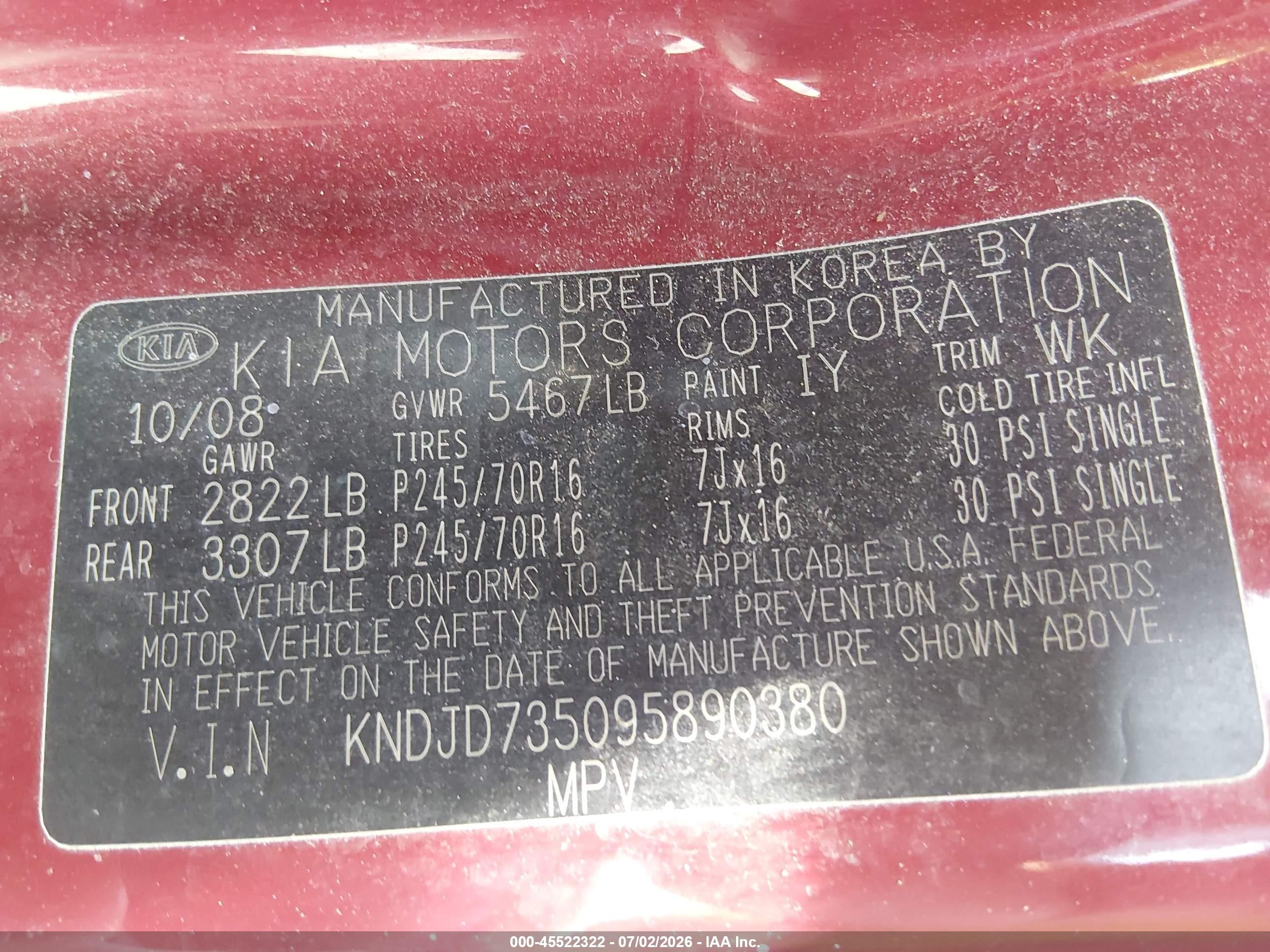 2009 Kia Sorento Lx Red vin: KNDJD735095890380
