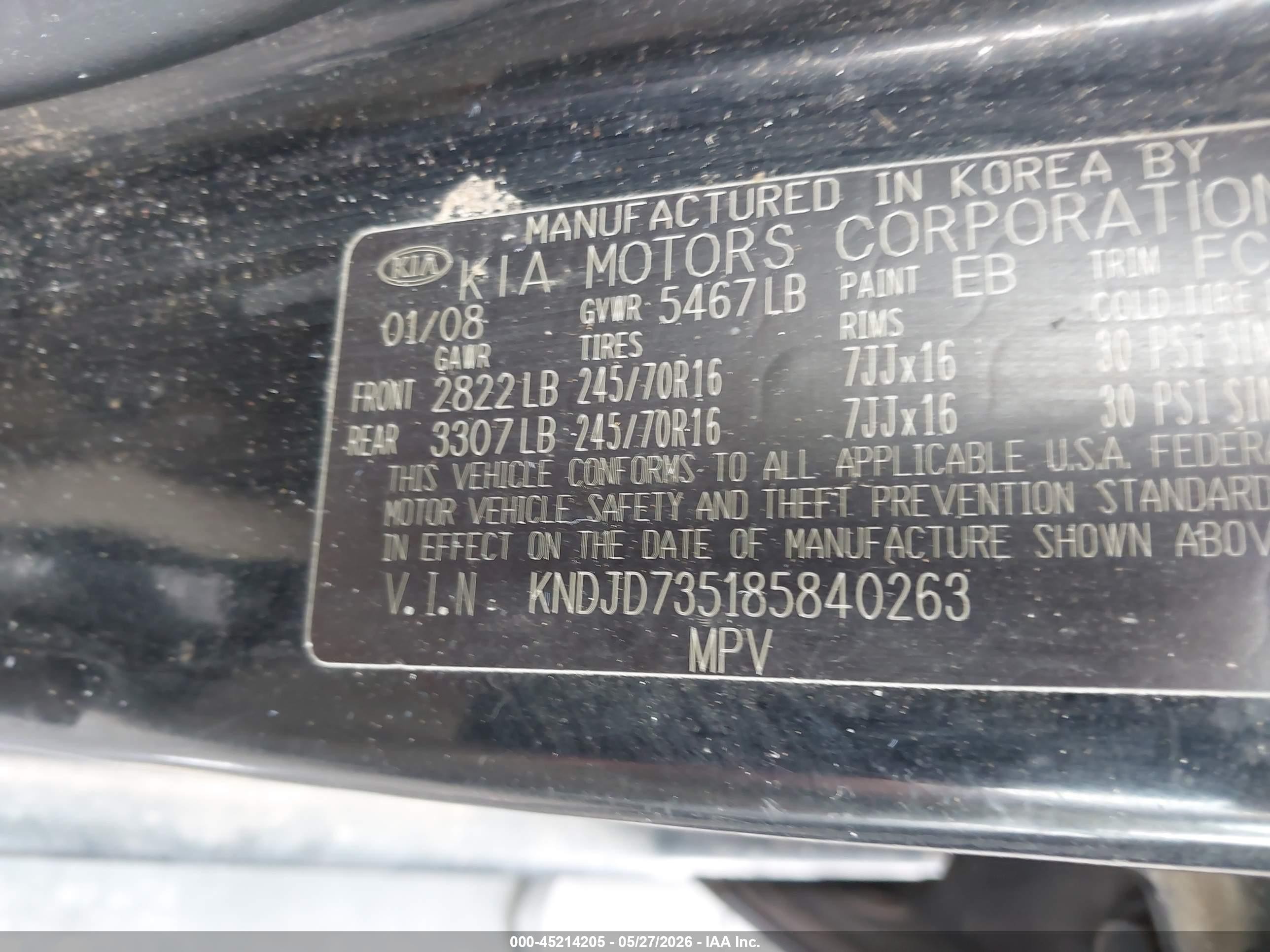 2008 Kia Sorento Lx Base Черный vin: KNDJD735185840263