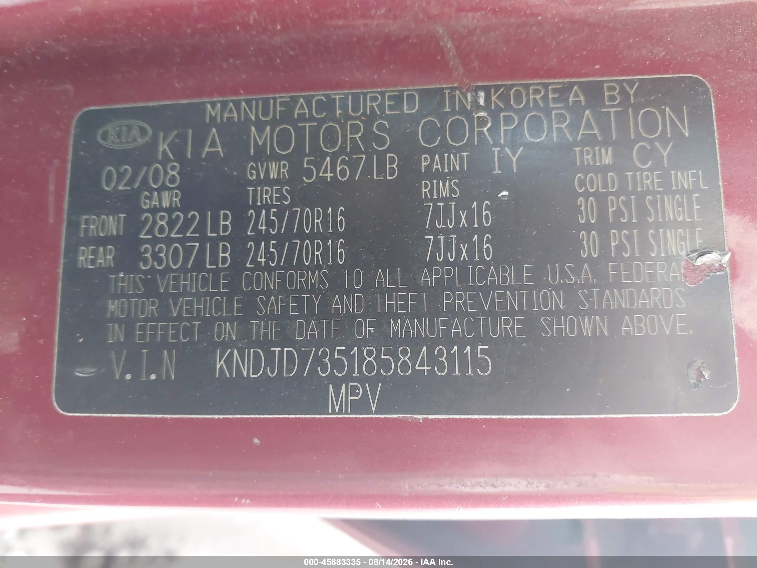 2008 Kia Sorento Lx Red vin: KNDJD735185843115