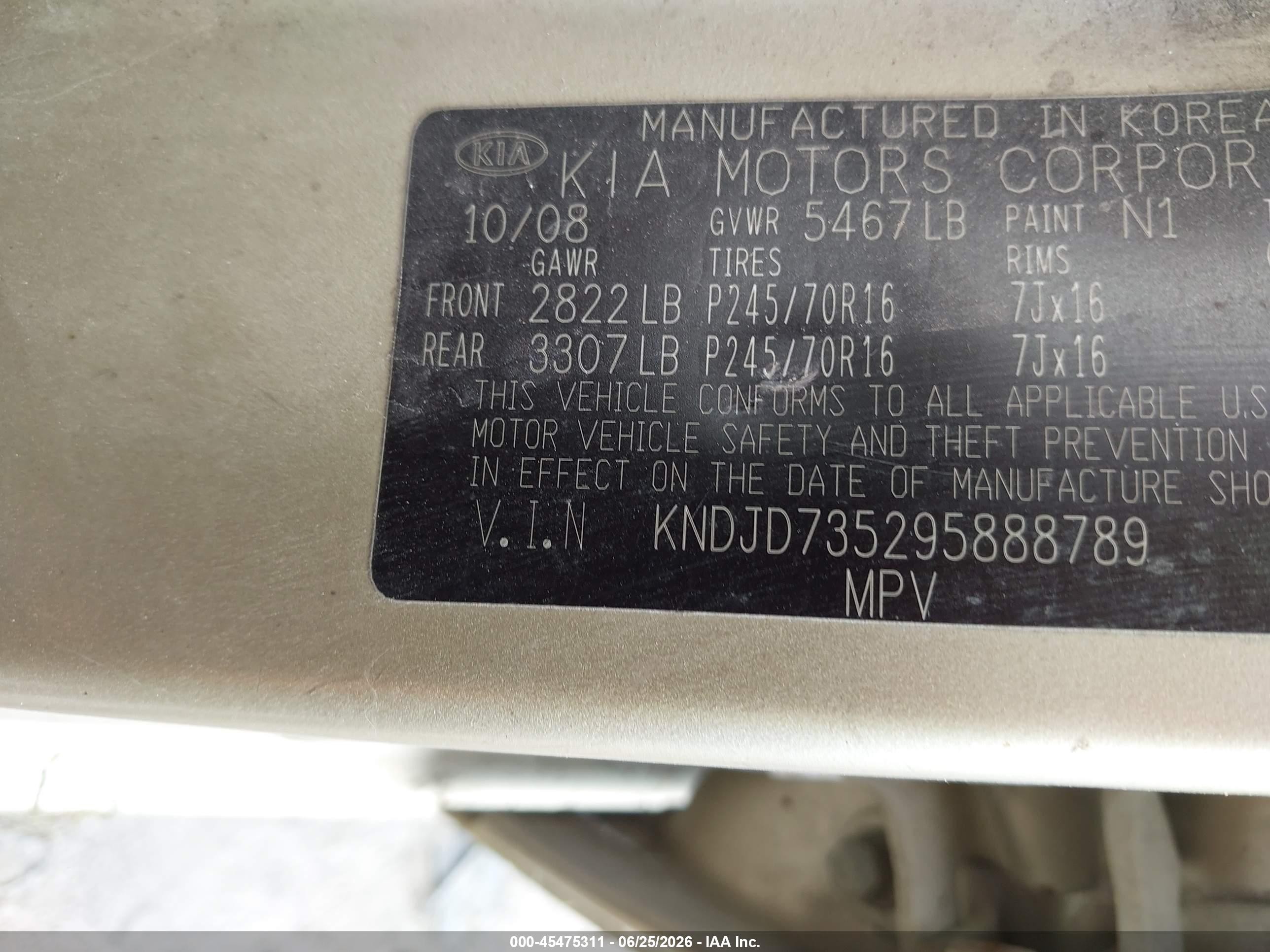 2009 Kia Sorento Lx Base Gold vin: KNDJD735295888789