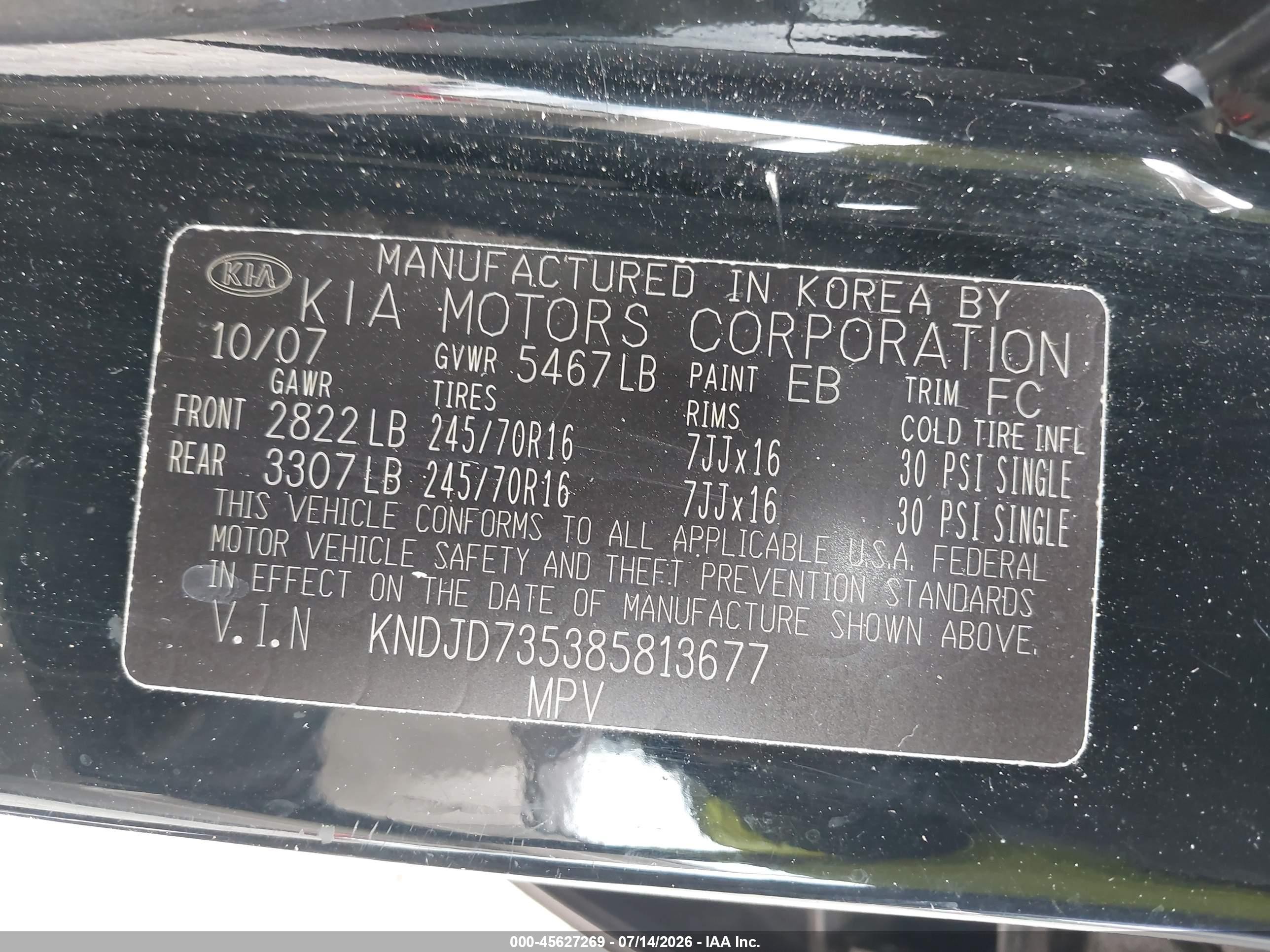 2008 Kia Sorento Lx Base Black vin: KNDJD735385813677