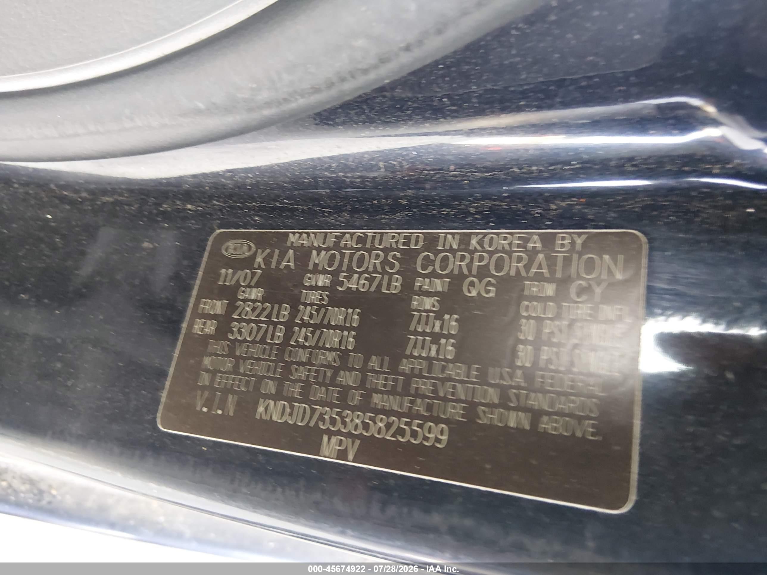 2008 Kia Sorento Lx Blue vin: KNDJD735385825599