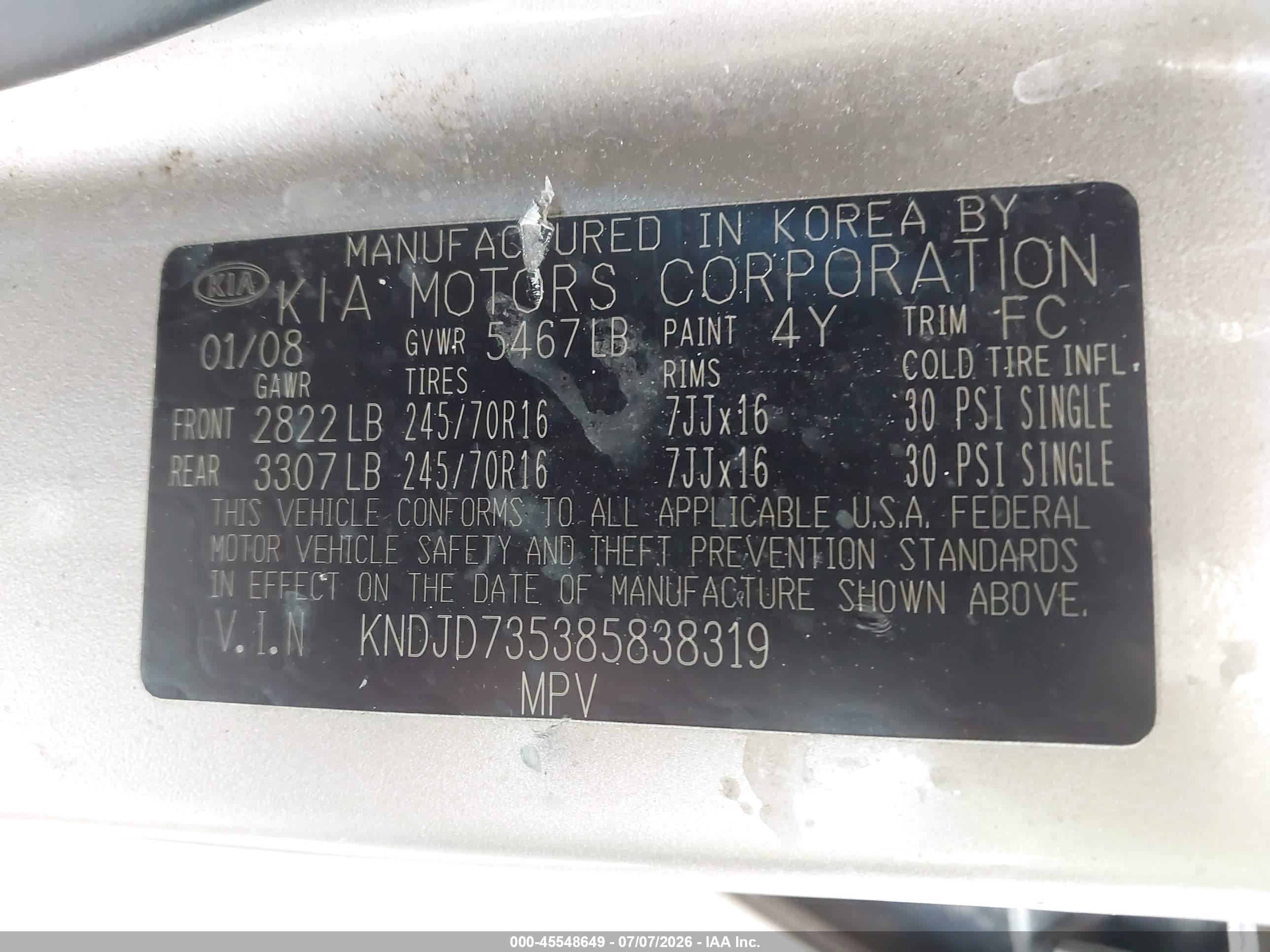 2008 Kia Sorento Lx Base Gold vin: KNDJD735385838319